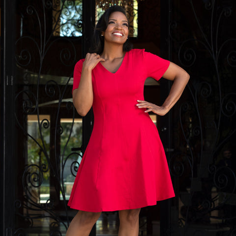 InstantFigure Short V-Neck Flared Skirt Panel Dress 16808M