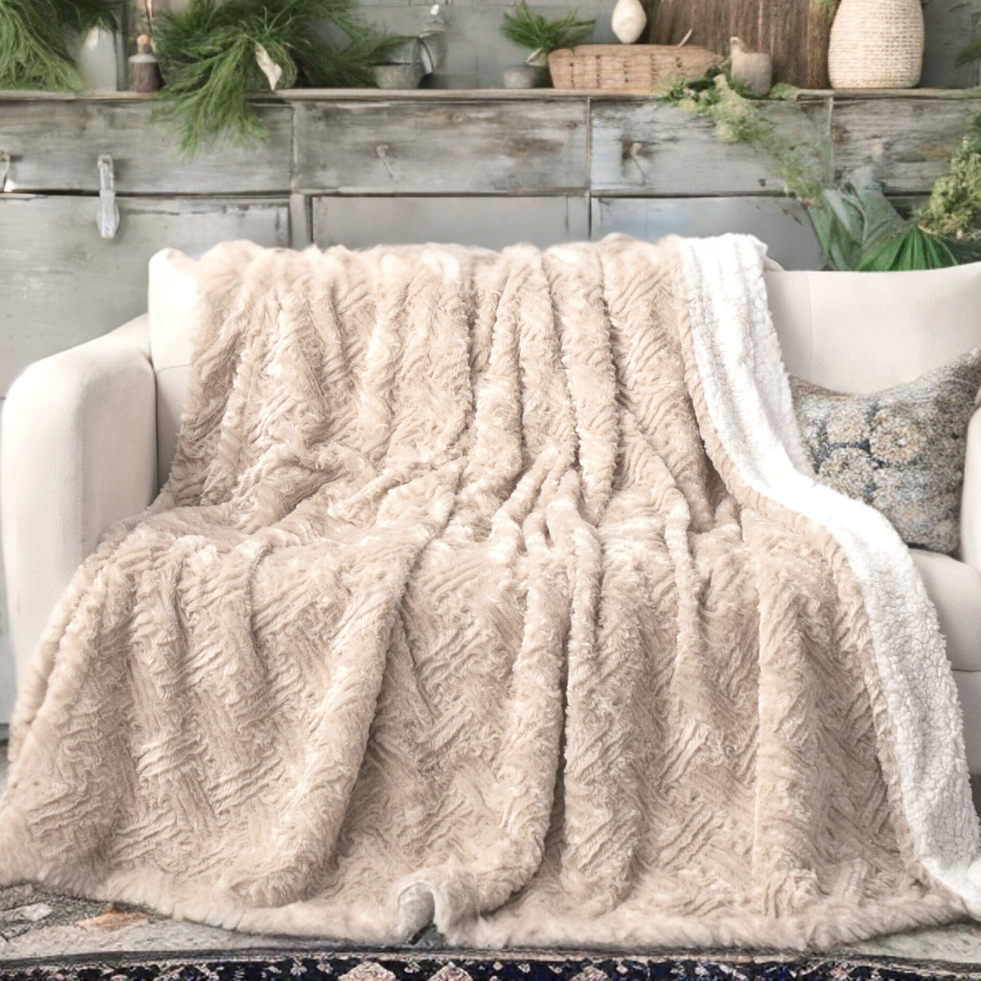  DaDa Bedding Collection DaDalogy Bedding Champagne Ivory Faux Fur Throw Blanket - Dreamy Gold Geometric Embossed Sherpa Backside - Super Soft Warm Cozy Plush Fluffy by DaDa Bedding Collection - 90
