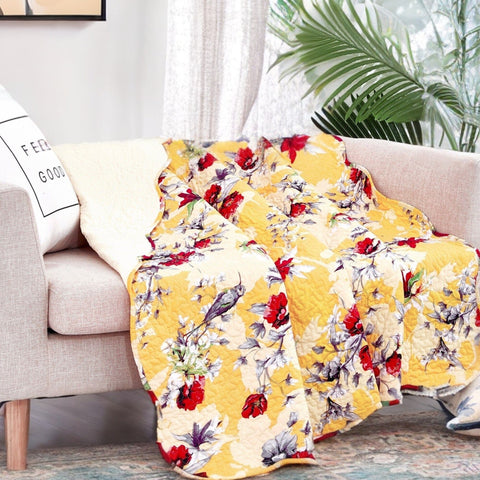 DaDa Bedding Yellow Floral Quilted Throw Blanket - Hummingbirds Farmhouse Red Flowers for Couch, Sofa or Bed- Scalloped Edges - 50 x 60 by DaDa Bedding Collection