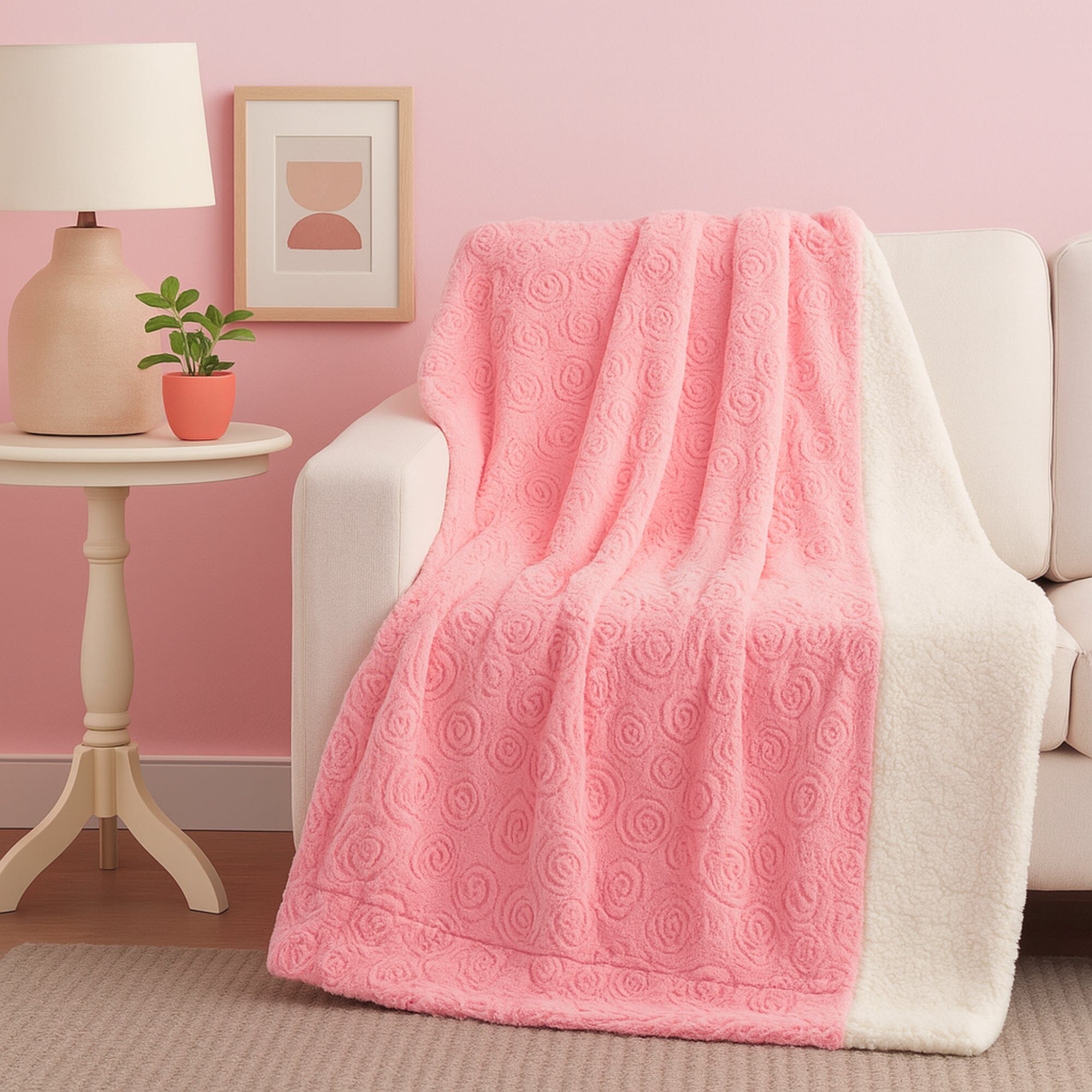  DaDa Bedding Collection DaDa Bedding Luxury Blossom Pink Rose Buds Pink Sherpa Backside Faux Fur Throw Blanket (BL-171752) by DaDa Bedding Collection - 50