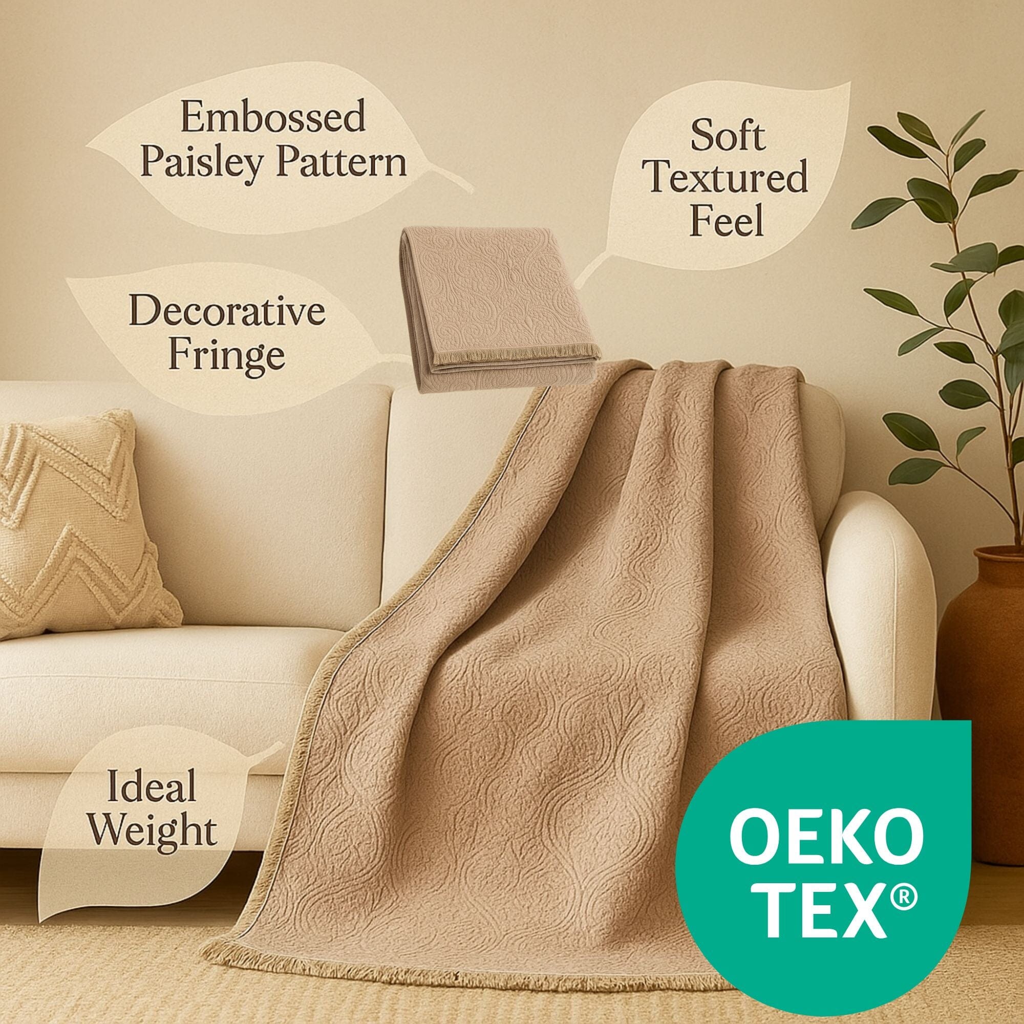 DaDa Bedding Collection DaDa Bedding Elegant Fringed Cotton Quilted Throw Blanket - Luxurious Solid Soft Paisley Pattern, Cozy Lightweight Lap Throw, Perfect for Couch or Bed, Neutral Sandy Taupe Tan Beige, 50x60 Inches by DaDa Bedding Collection - Default Title - Bonton