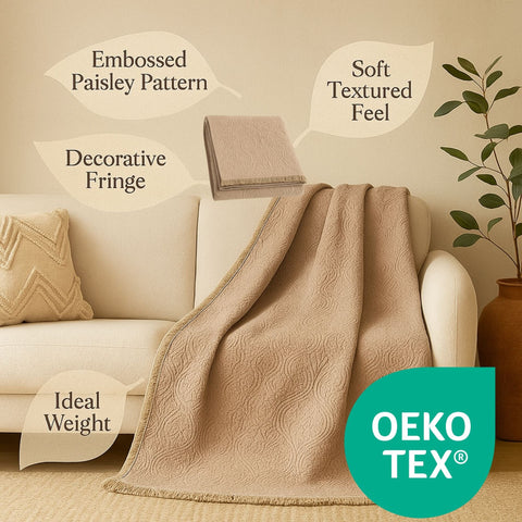 DaDa Bedding Elegant Fringed Cotton Quilted Throw Blanket - Luxurious Solid Soft Paisley Pattern, Cozy Lightweight Lap Throw, Perfect for Couch or Bed, Neutral Sandy Taupe Tan Beige, 50x60 Inches by DaDa Bedding Collection