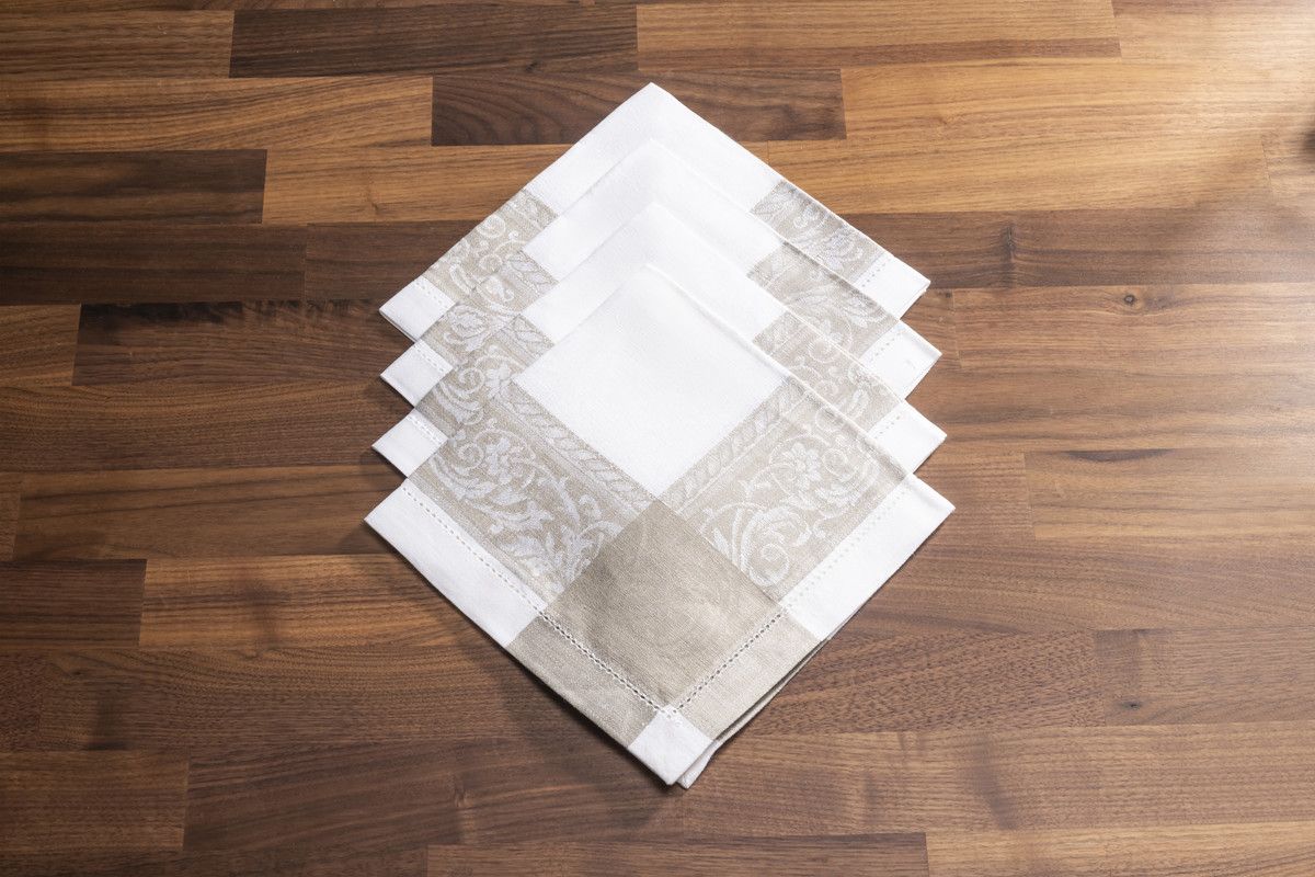  French Home Versailles Linen Napkins Set of 6 - White and Beige - Bonton