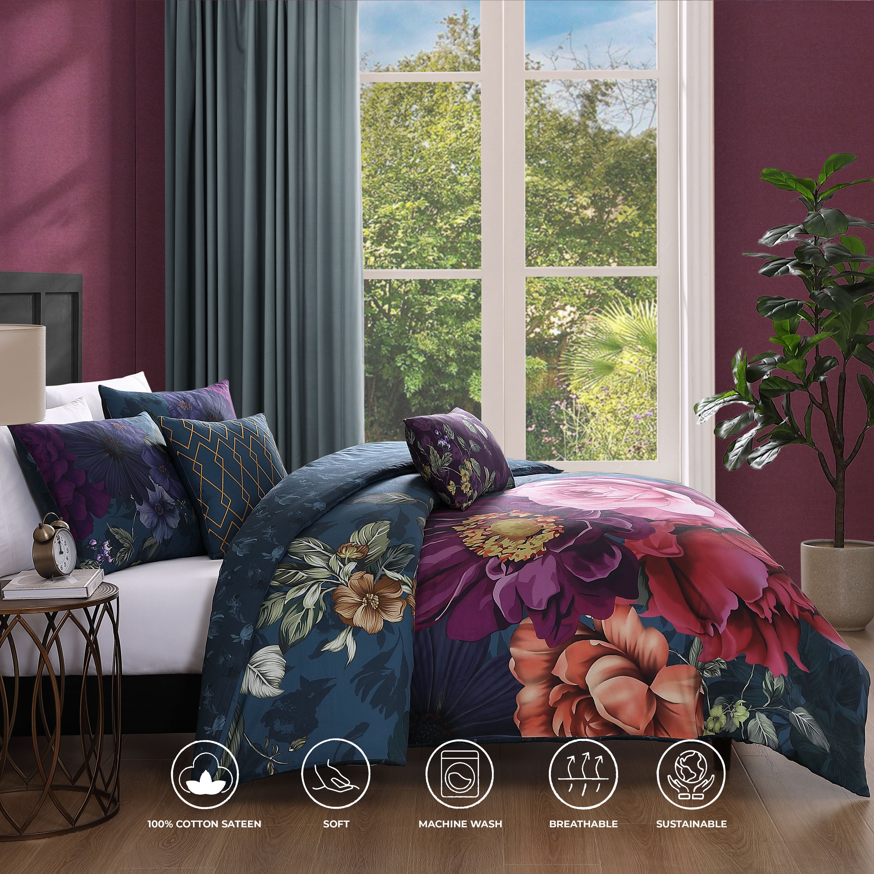  Bebejan® Bebejan Vibrant Flora 5 Piece Reversible Comforter Set - QUEEN - Bonton