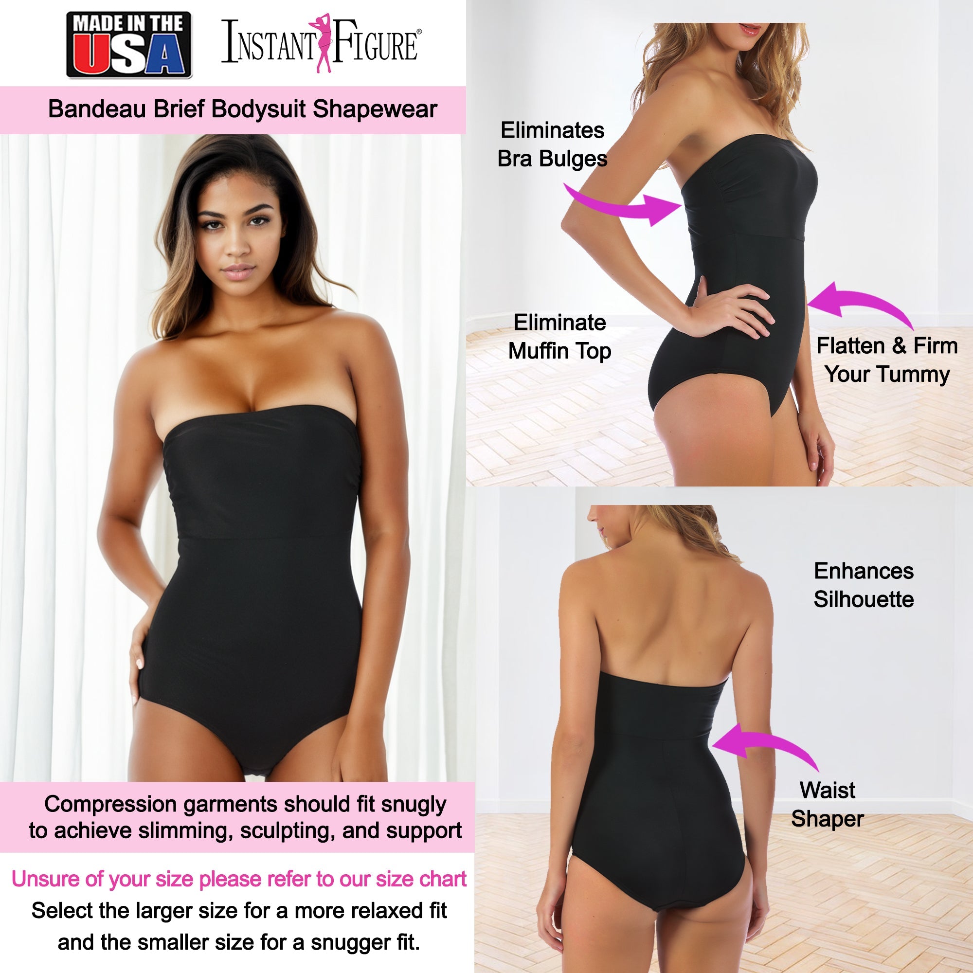  InstantFigure Plus Size InstantFigure Bandeau Brief Bodysuit Shapewear WBS012C - Black - Bonton
