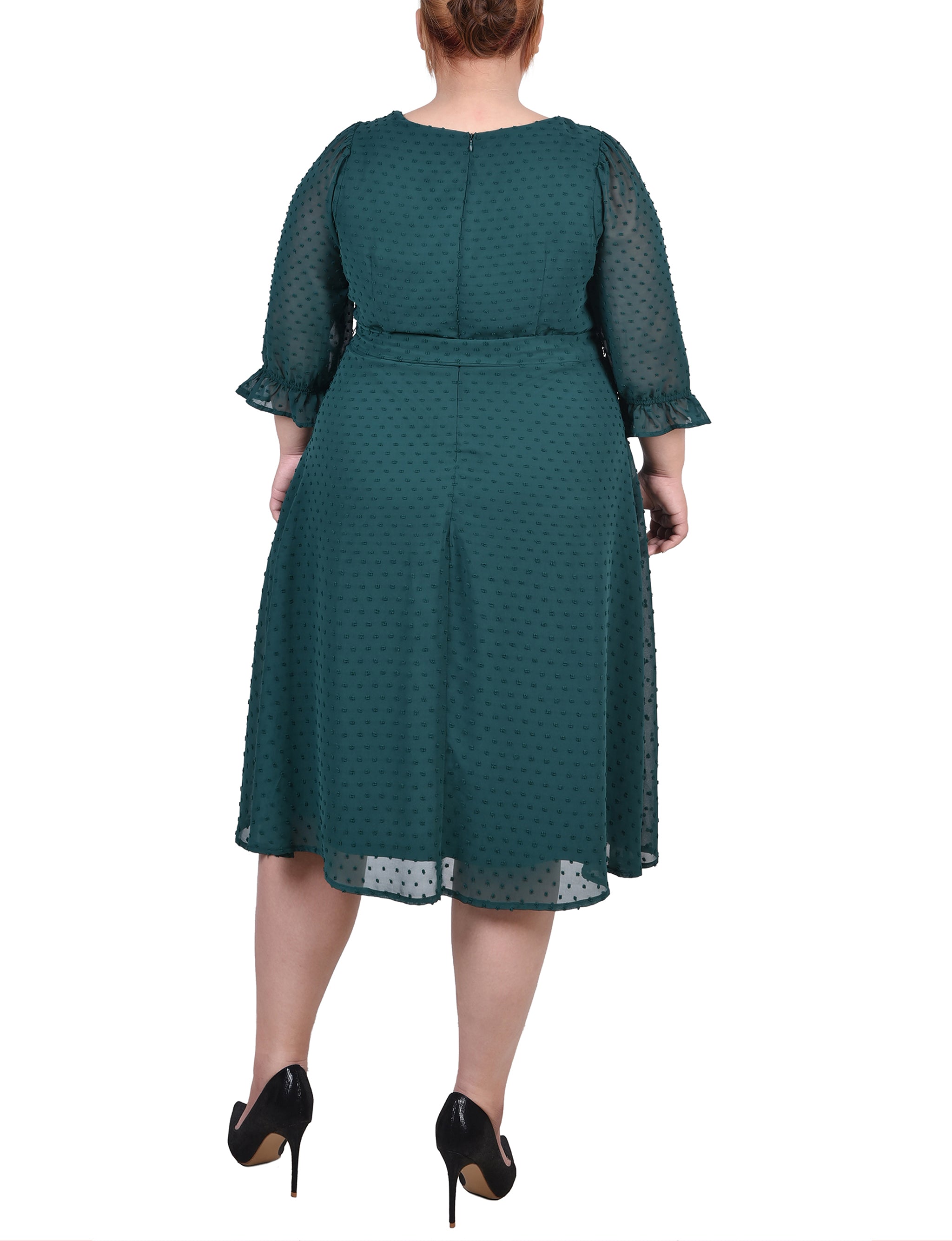  NY Collection Plus Size 3/4 Sleeve Belted Swiss Dot Dress - Botanical Garden - Bonton