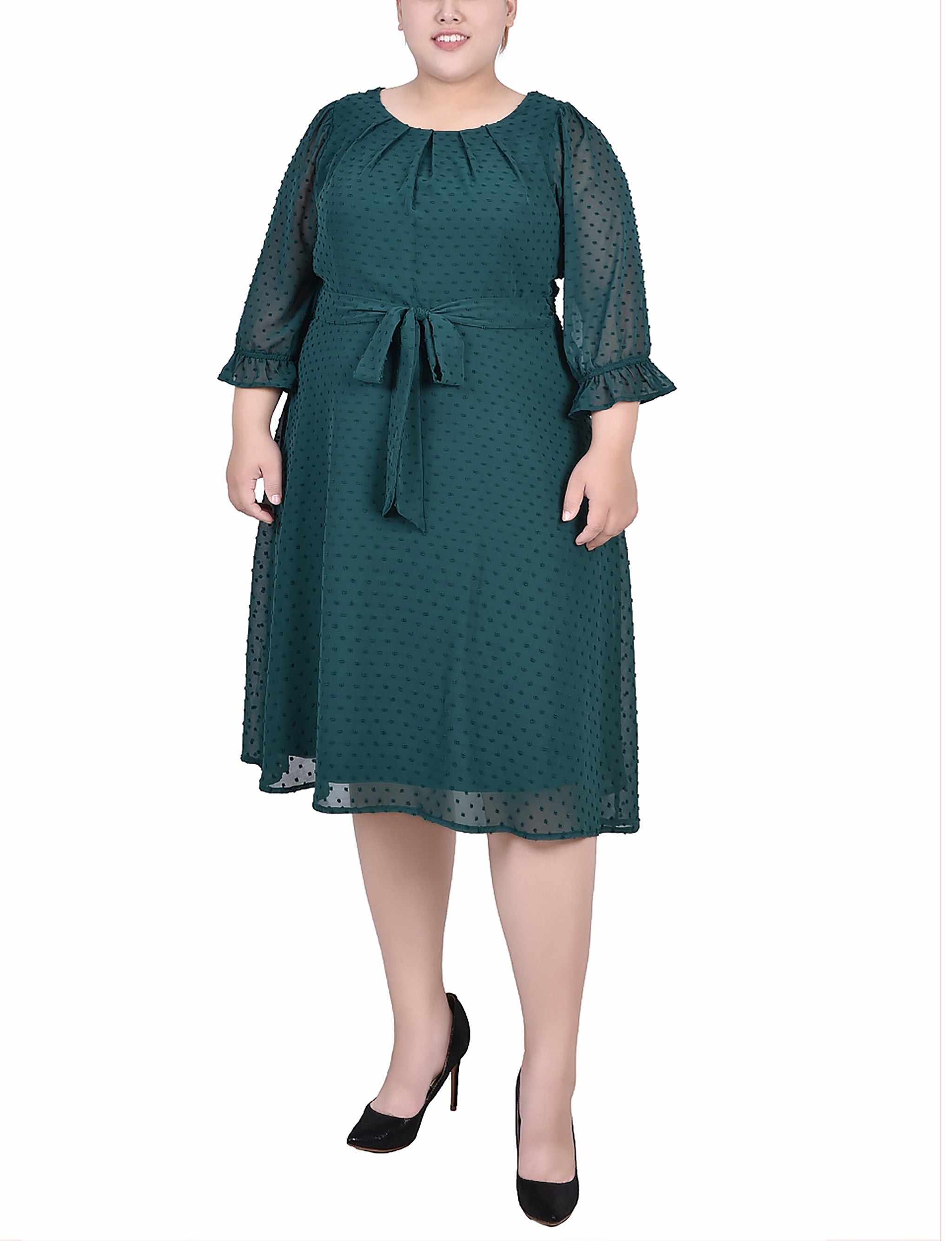  NY Collection Plus Size 3/4 Sleeve Belted Swiss Dot Dress - Botanical Garden - Bonton