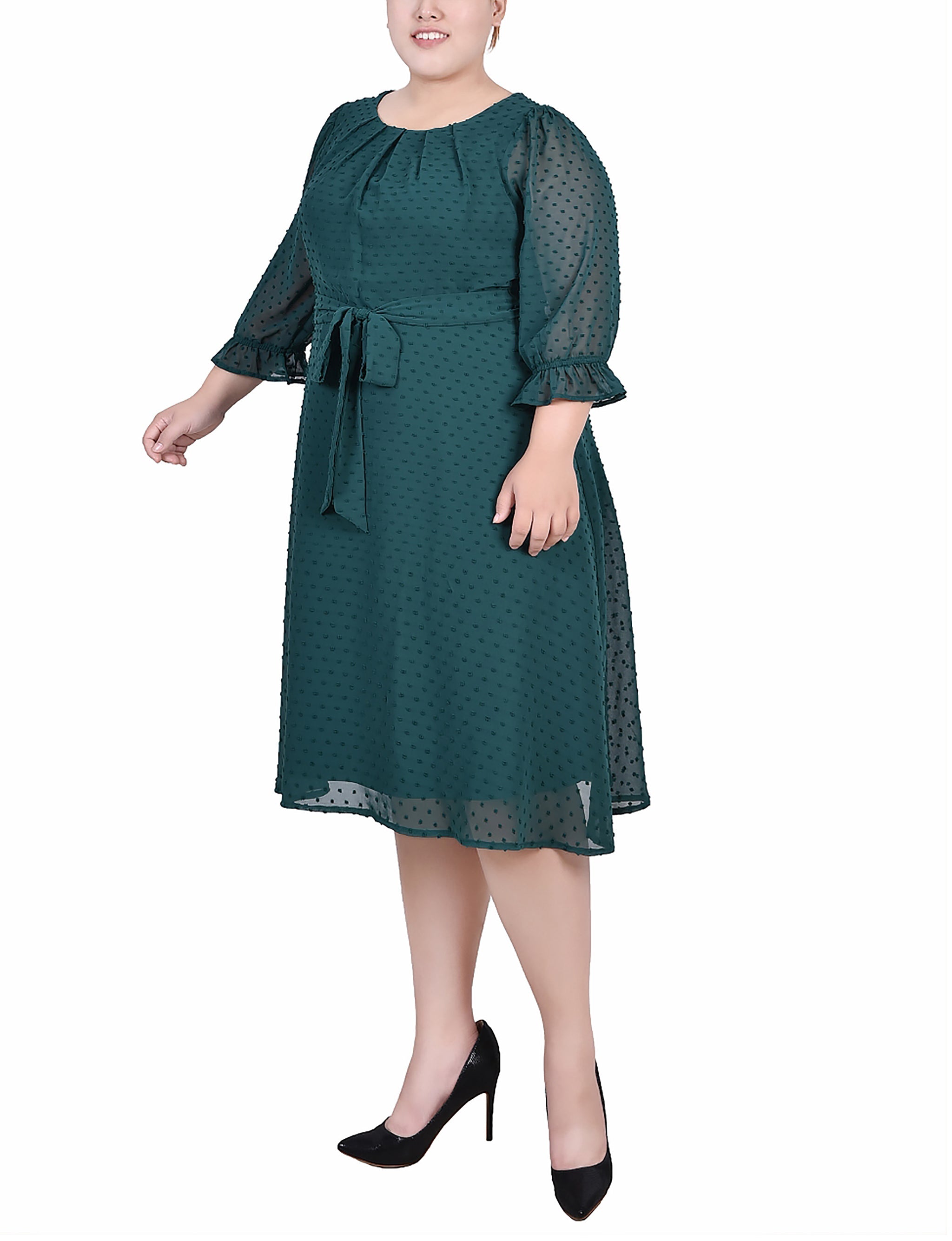  NY Collection Plus Size 3/4 Sleeve Belted Swiss Dot Dress - Botanical Garden - Bonton