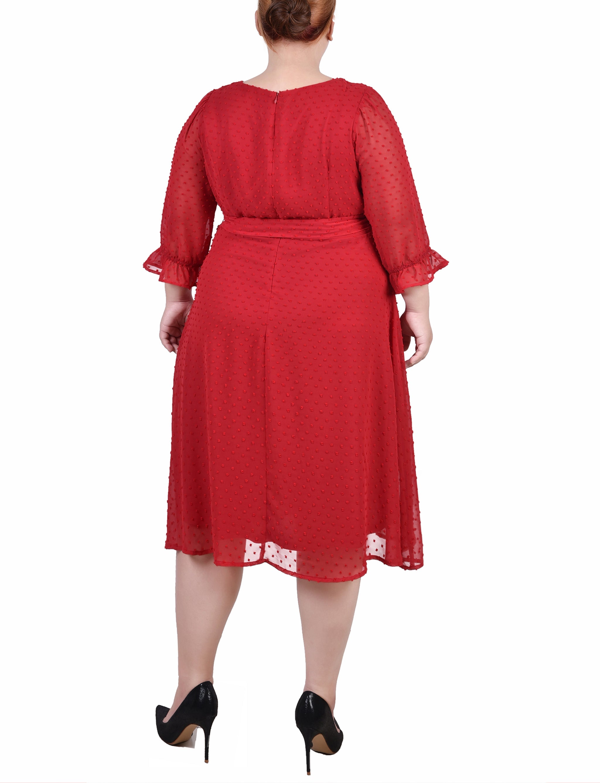  NY Collection Plus Size 3/4 Sleeve Belted Swiss Dot Dress - Botanical Garden - Bonton