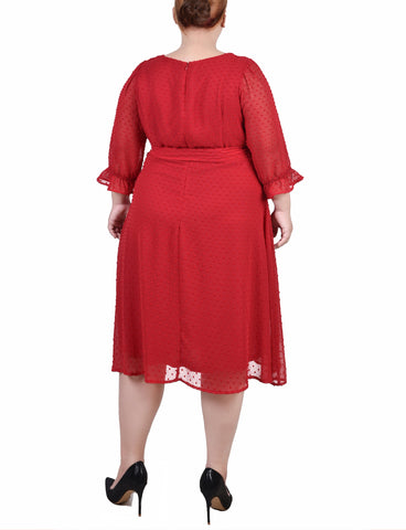 Plus Size 3/4 Sleeve Belted Swiss Dot Dress