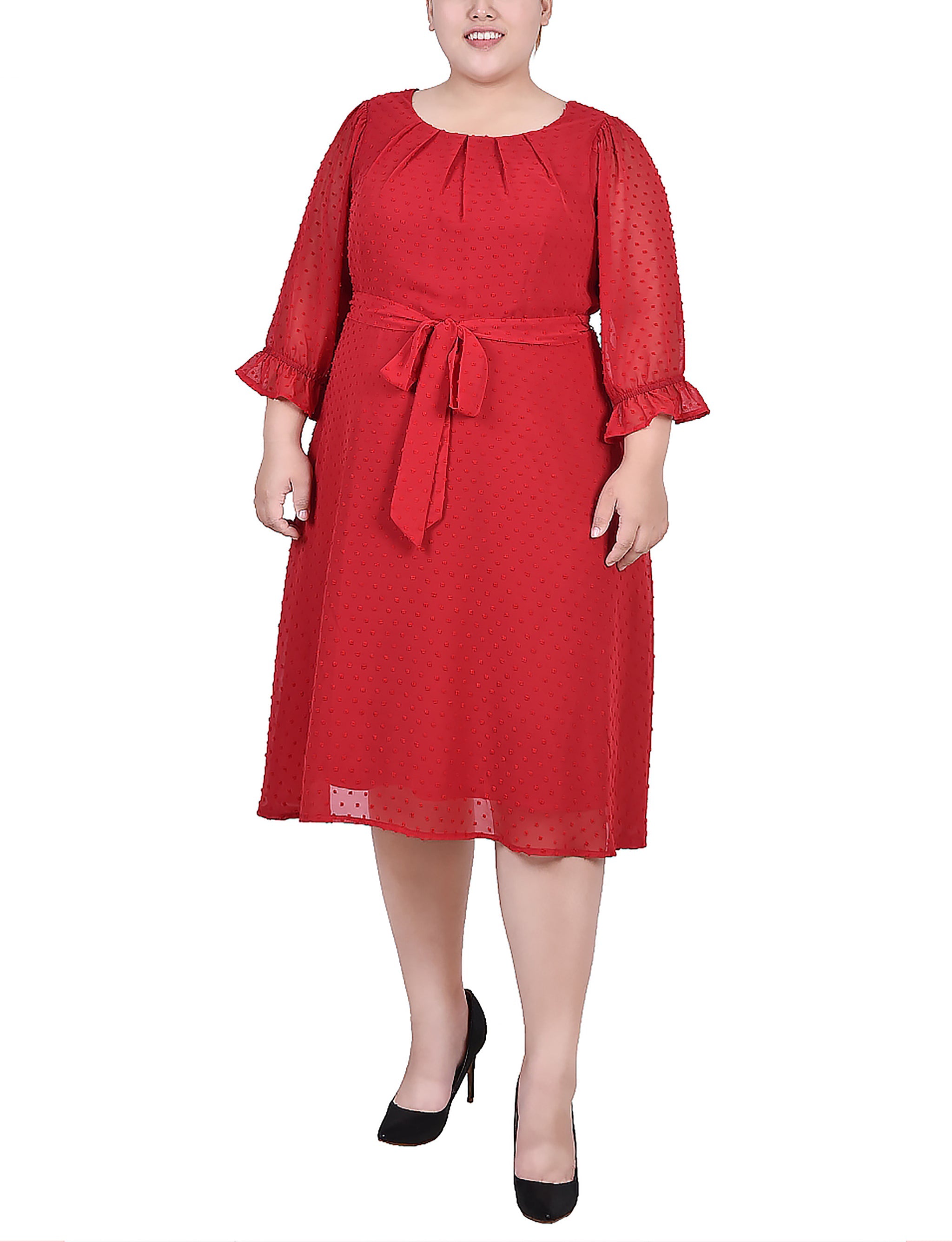  NY Collection Plus Size 3/4 Sleeve Belted Swiss Dot Dress - Botanical Garden - Bonton