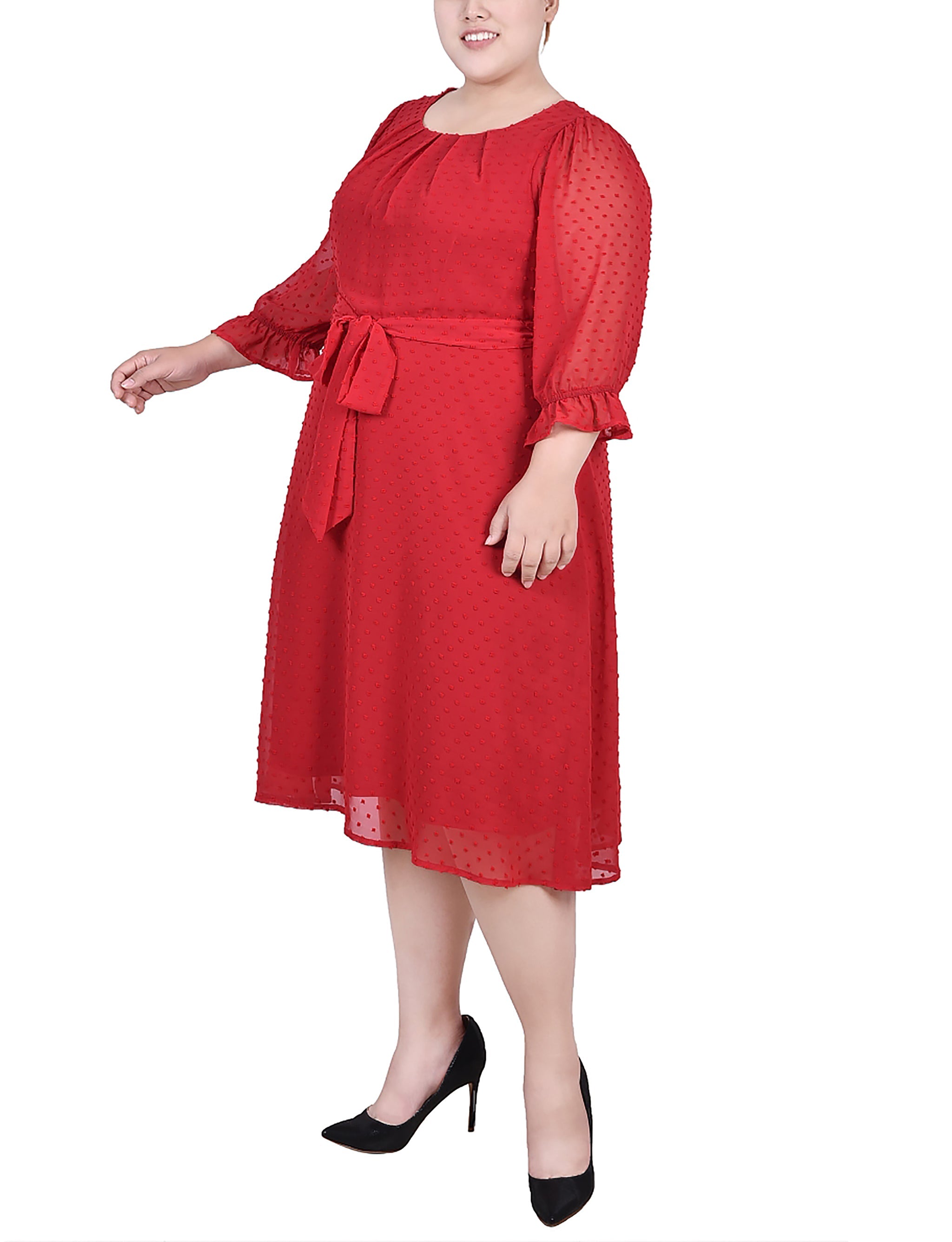  NY Collection Plus Size 3/4 Sleeve Belted Swiss Dot Dress - Botanical Garden - Bonton