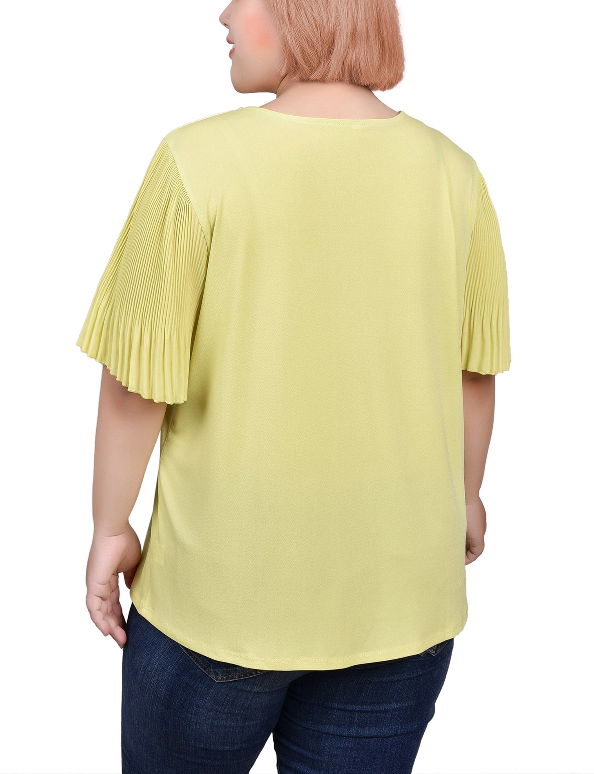  NY Collection Plus Size Pleated-Sleeve Top - White Black Dotcircles - Bonton