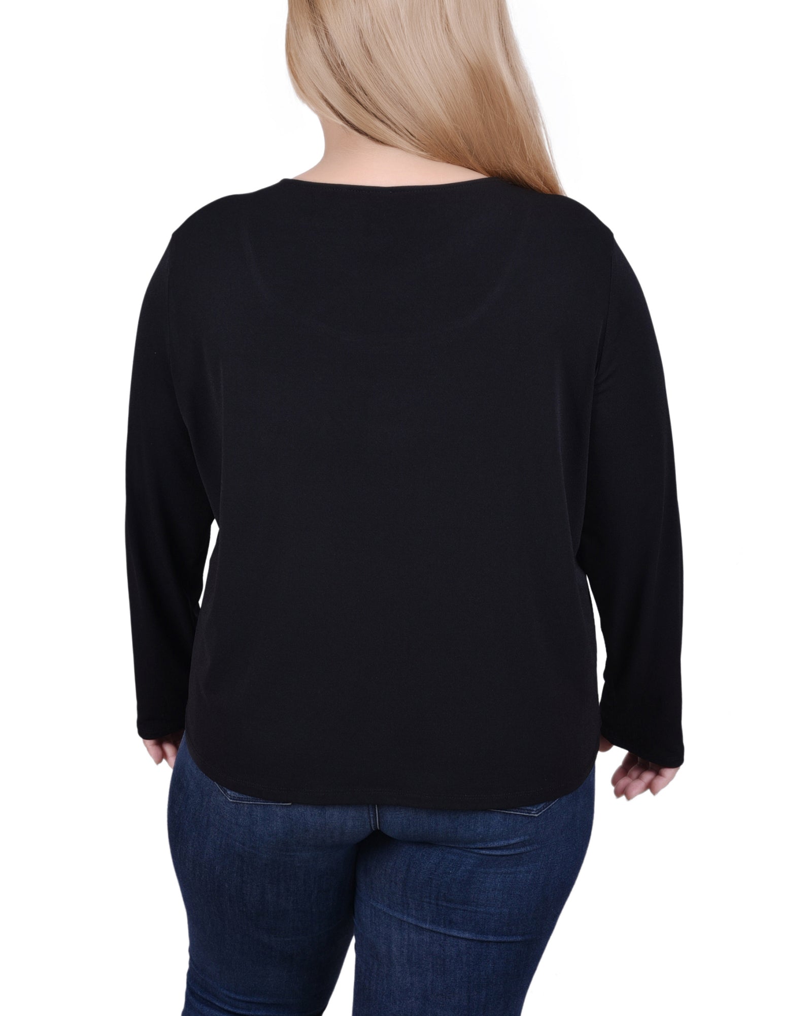  NY Collection Long Sleeve Jeweled Neck Top - Black - Bonton
