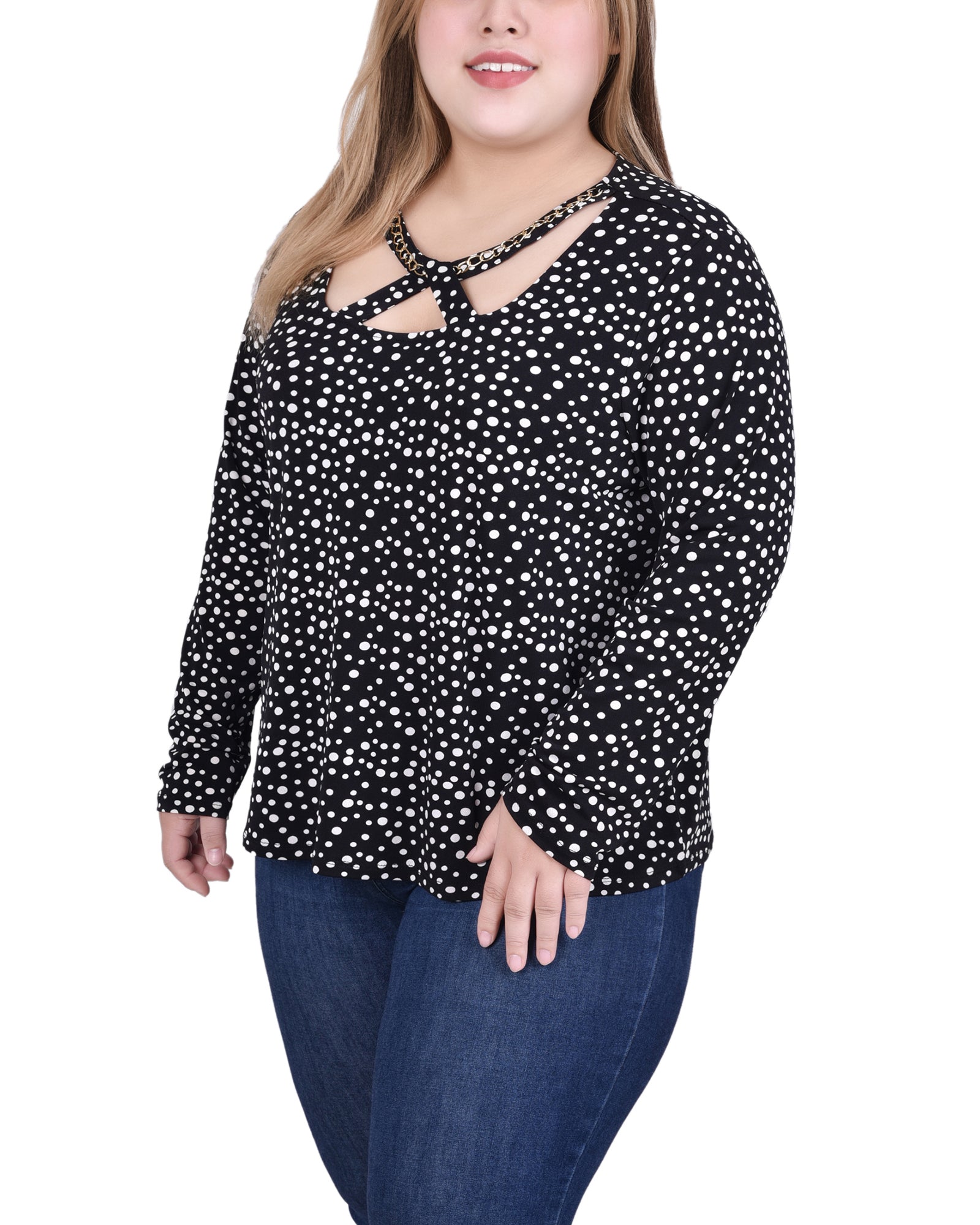  NY Collection Long Sleeve Jeweled Neck Top - Black - Bonton