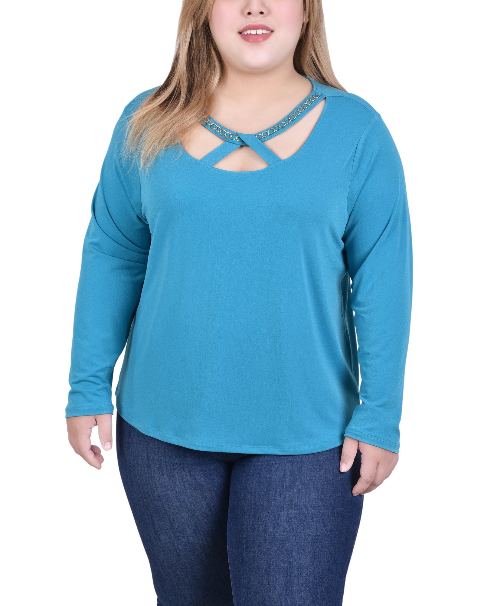  NY Collection Long Sleeve Jeweled Neck Top - Black - Bonton