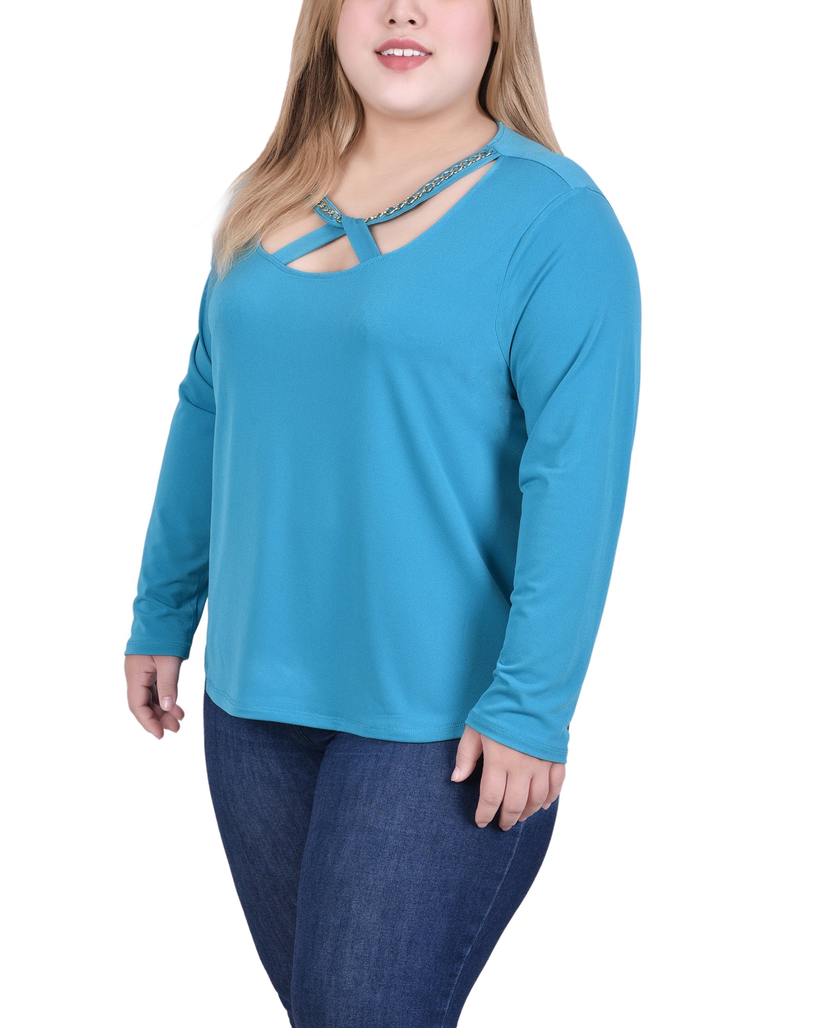  NY Collection Long Sleeve Jeweled Neck Top - Black - Bonton