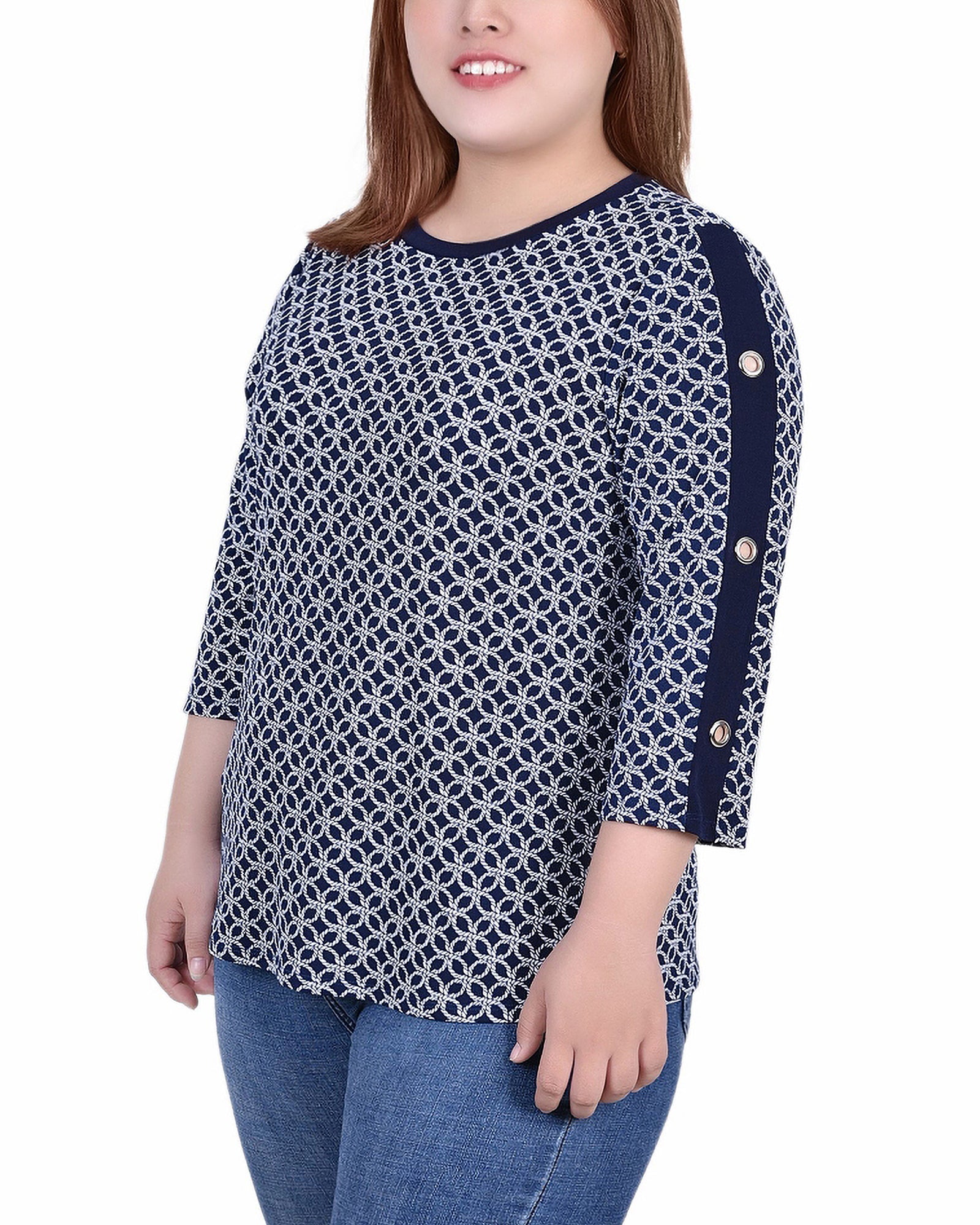  NY Collection Plus Size 3/4 Sleeve Top With Combo Bands and Grommets - Doeskin Quatrefoil - Bonton