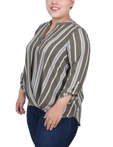 Plus Size 3/4 Sleeve Mandarin Collar Blouse With Front Pleats