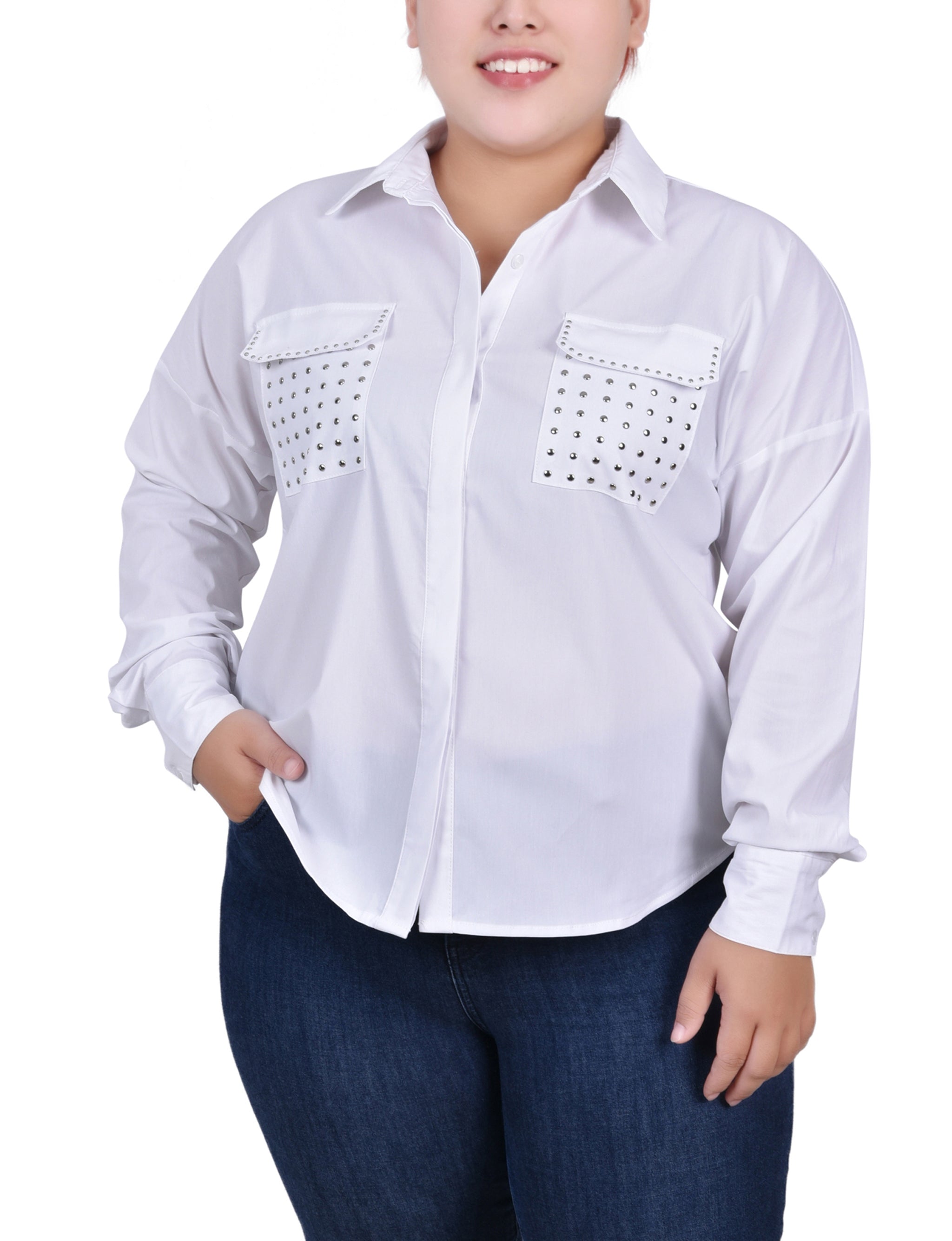  NY Collection Plus Size Long Sleeve Hidden Placket Blouse With Studs - White - Bonton
