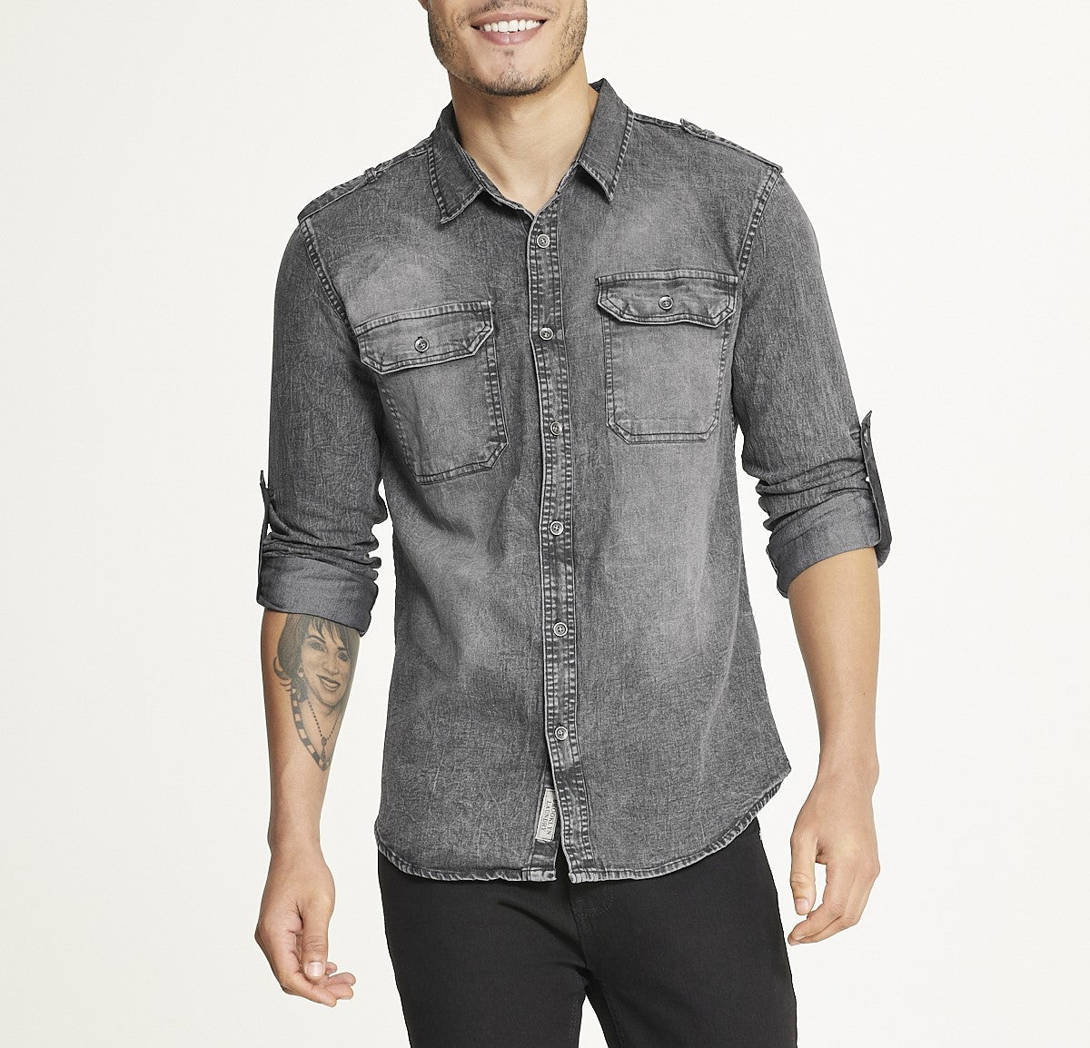  Brooklyn Laundry Men's Brooklyn Laundry Long Sleeve Stretch Denim Shirt - Black Wash - Bonton