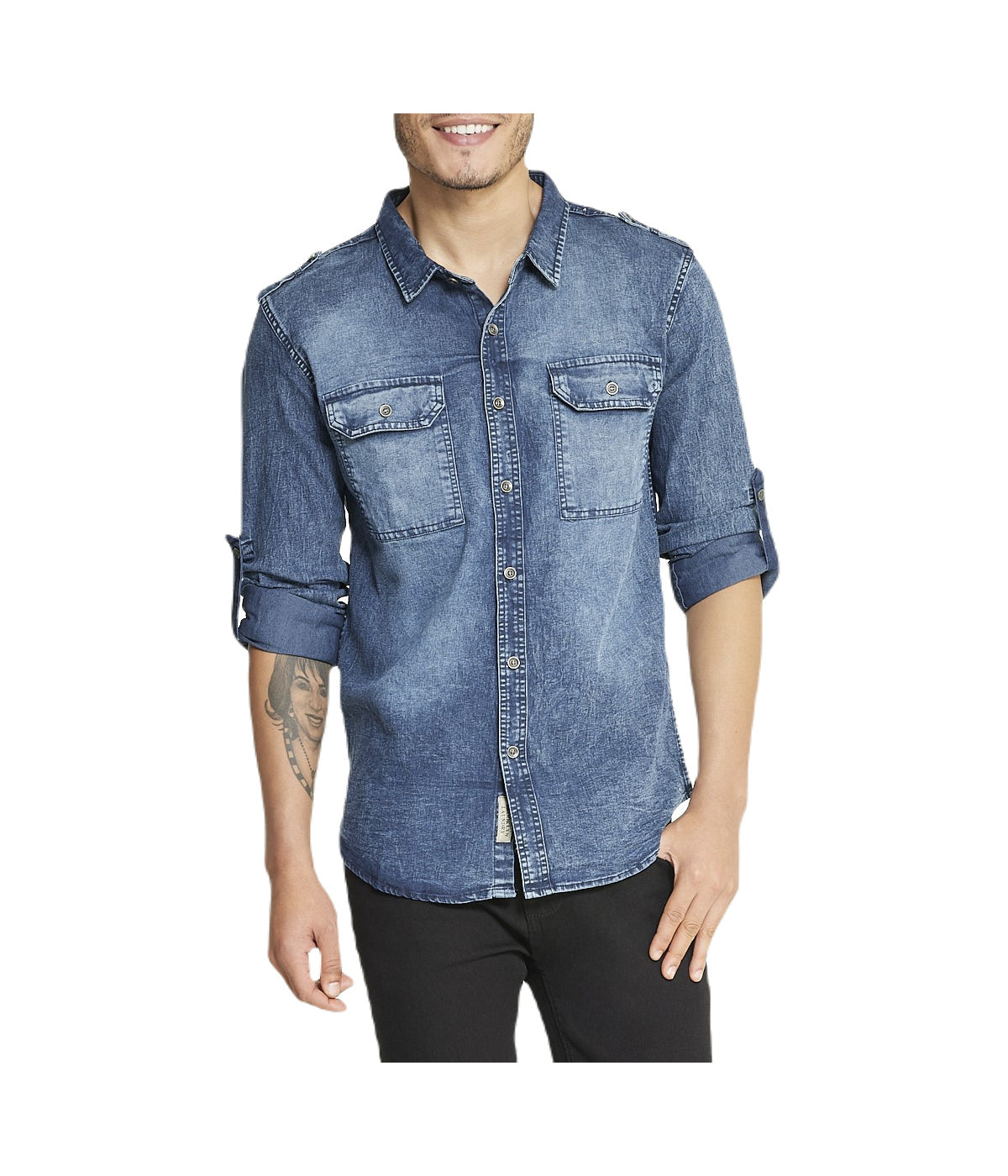  Brooklyn Laundry Men's Brooklyn Laundry Long Sleeve Stretch Denim Shirt 3 - Blue Cloud - Bonton