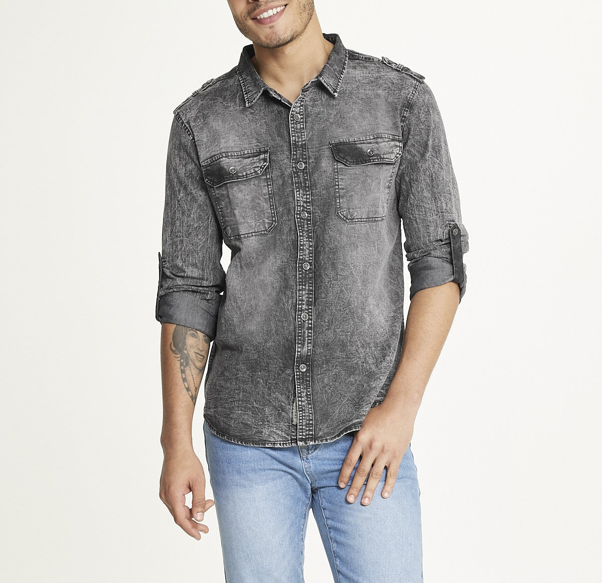  Brooklyn Laundry Men's Brooklyn Laundry Long Sleeve Stretch Denim Shirt 4 - Grey Acid - Bonton