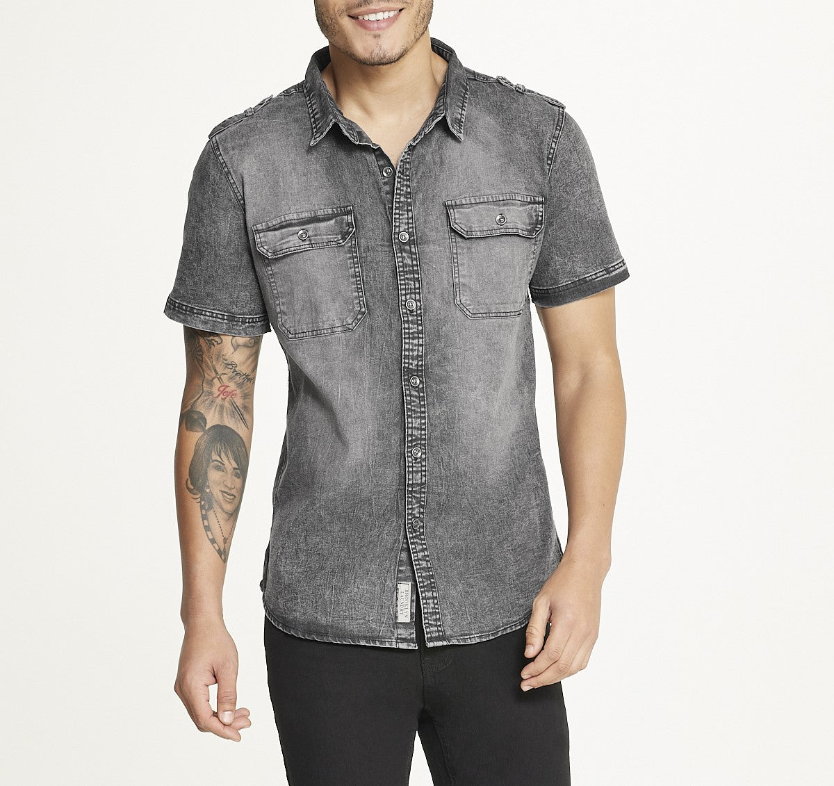  Brooklyn Laundry Brooklyn Laundry Men's Short Sleeve Stretch Denim Shirt - Black Wash - Bonton