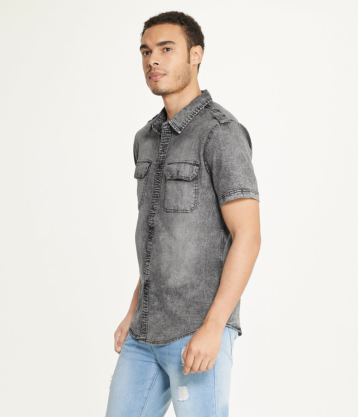  Brooklyn Laundry Brooklyn Laundry Men's Short Sleeve Stretch Denim Shirt 3 - Grey Acid - Bonton