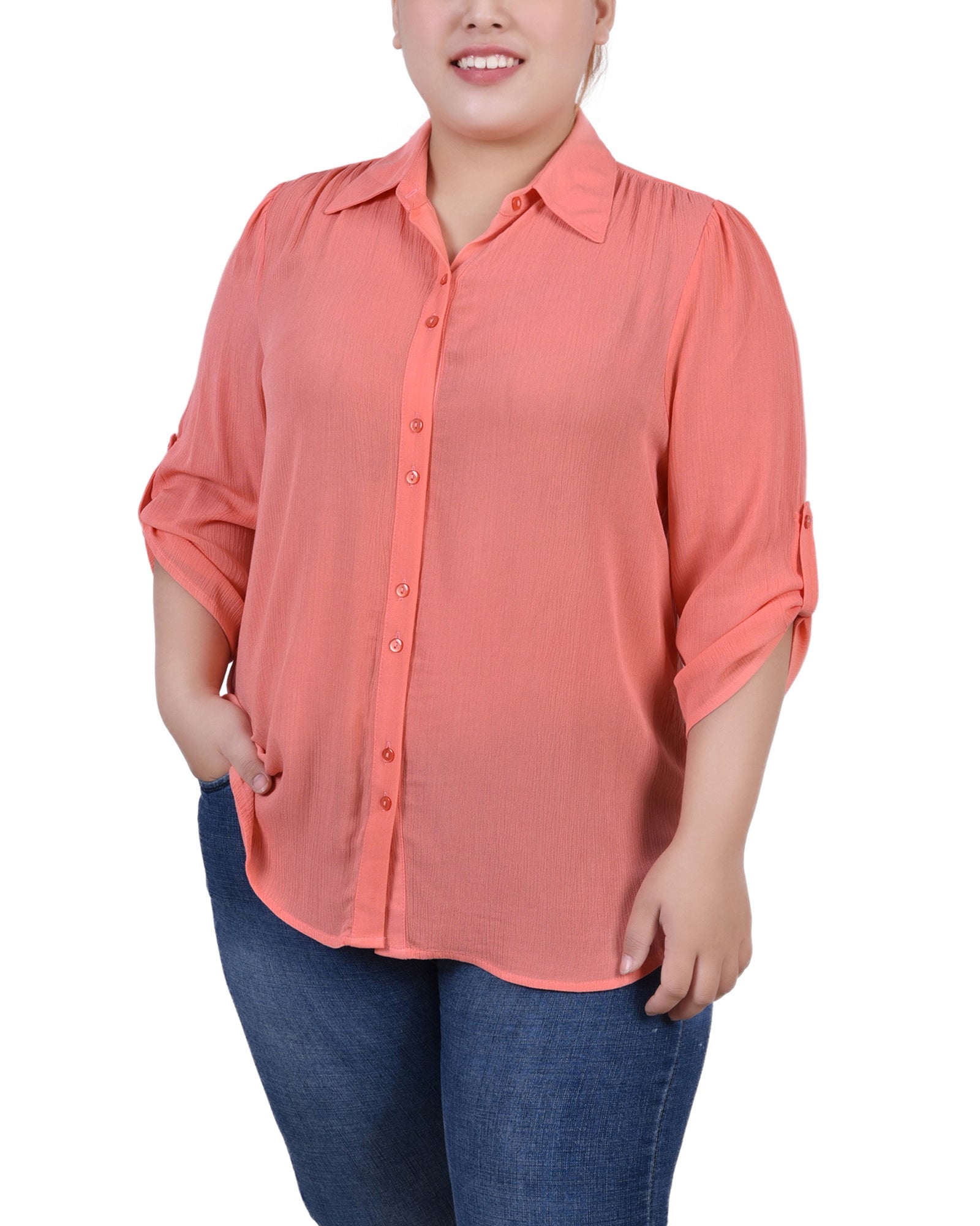  NY Collection Plus Size 3/4 Sleeve Crepon Blouse - Blush - Bonton