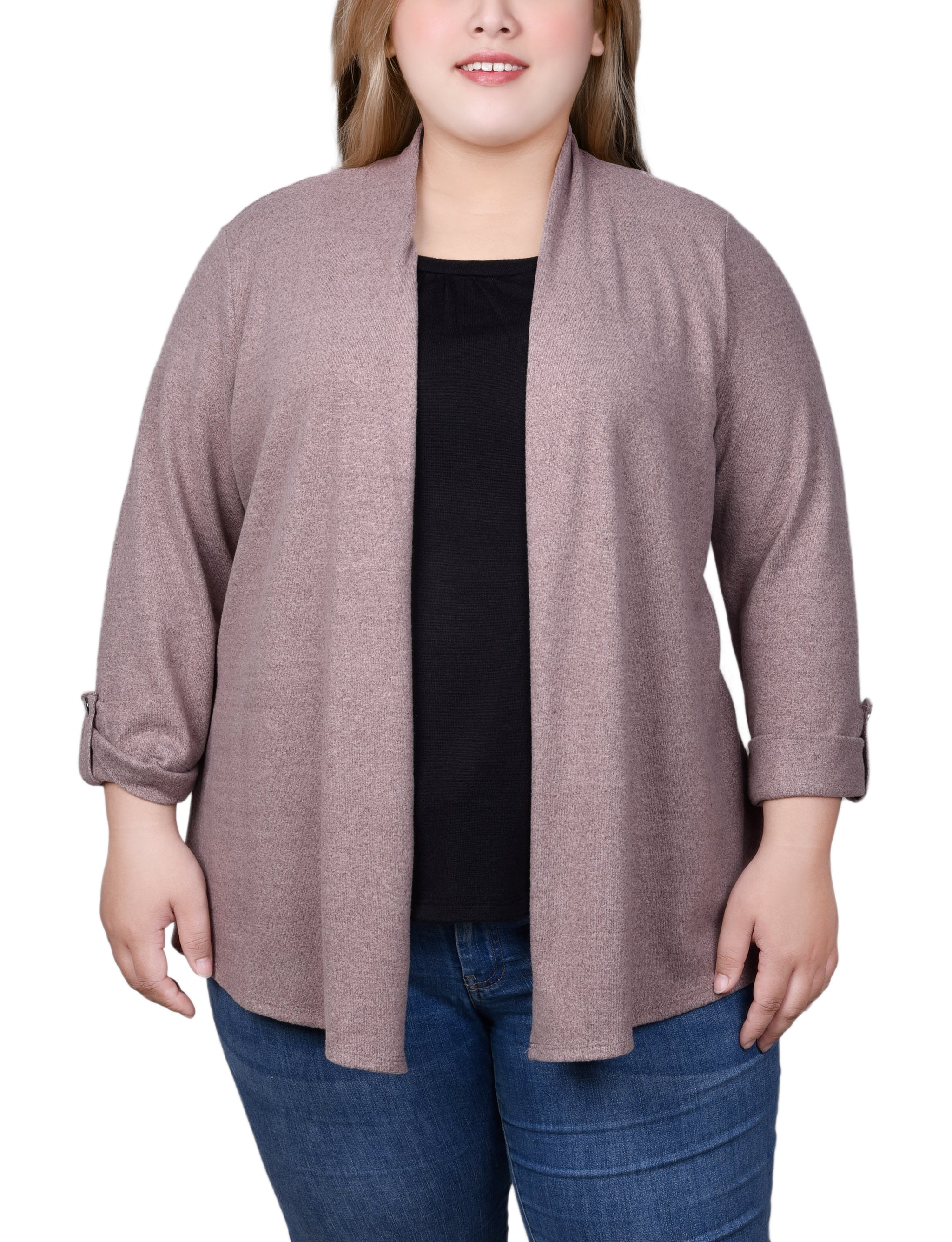  NY Collection Plus Size Roll Tab Sleeve 2Fer Set - Charcoal Grey - Bonton