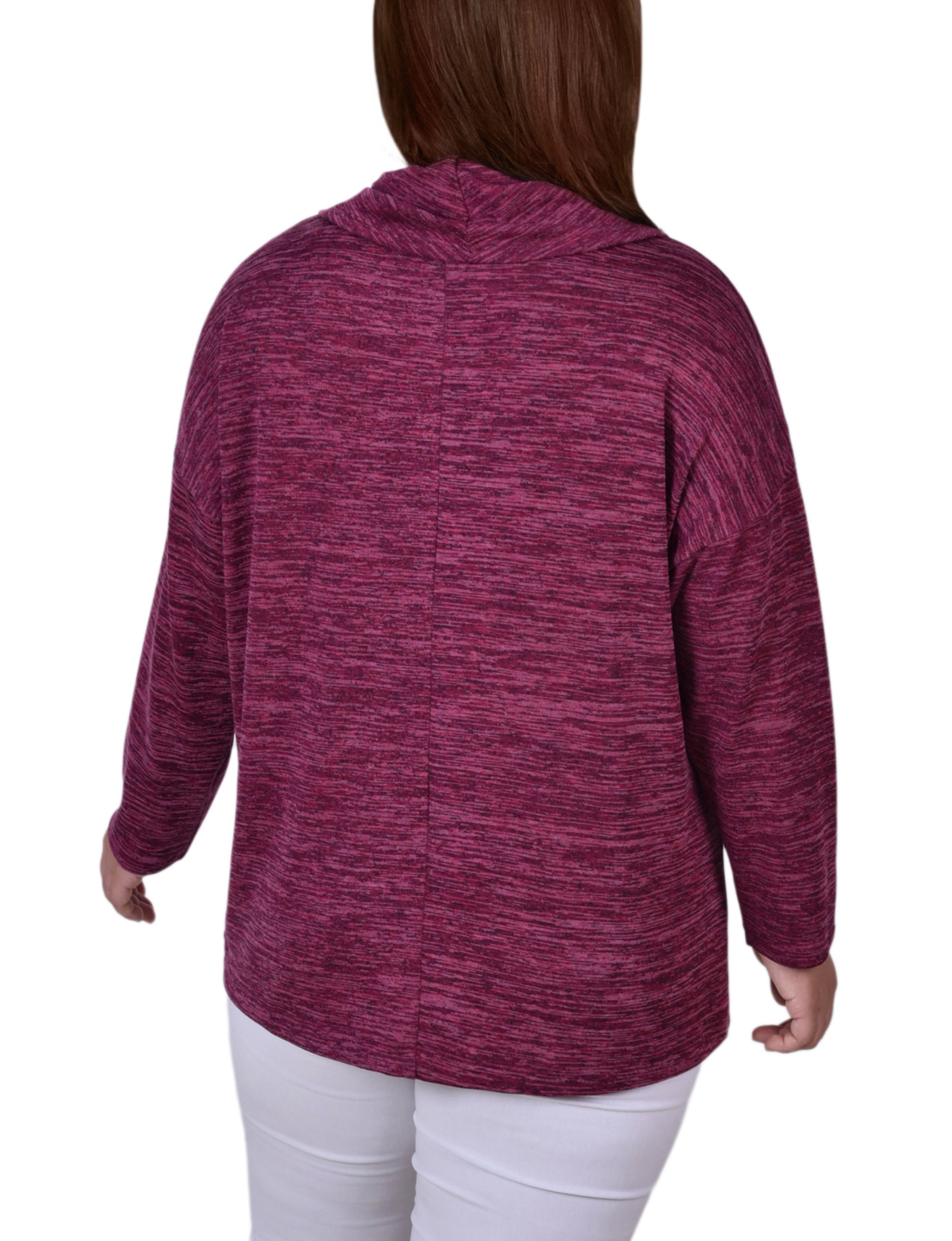  NY Collection Plus Size Long Sleeve Cowl Neck Top With Button Detail - Burgundy - Bonton