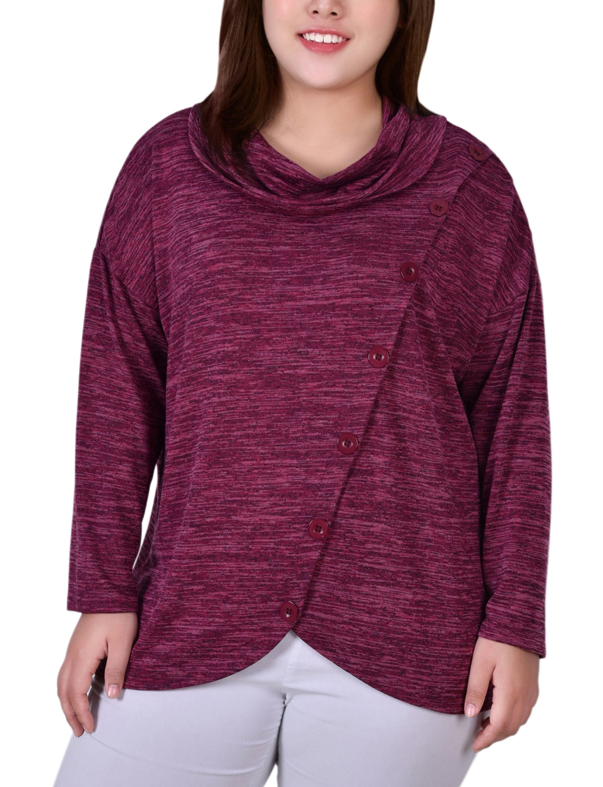  NY Collection Plus Size Long Sleeve Cowl Neck Top With Button Detail - Burgundy - Bonton