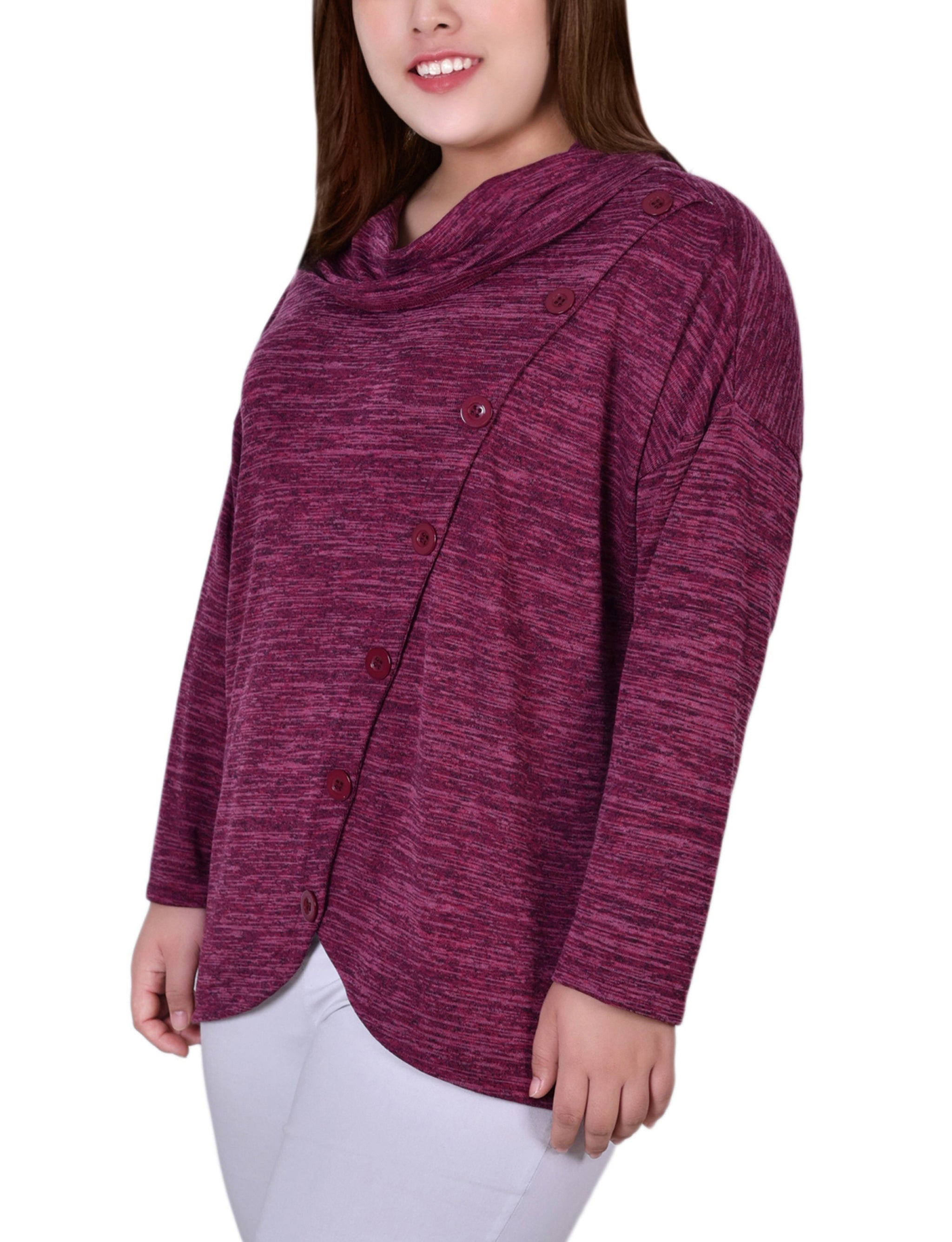  NY Collection Plus Size Long Sleeve Cowl Neck Top With Button Detail - Burgundy - Bonton