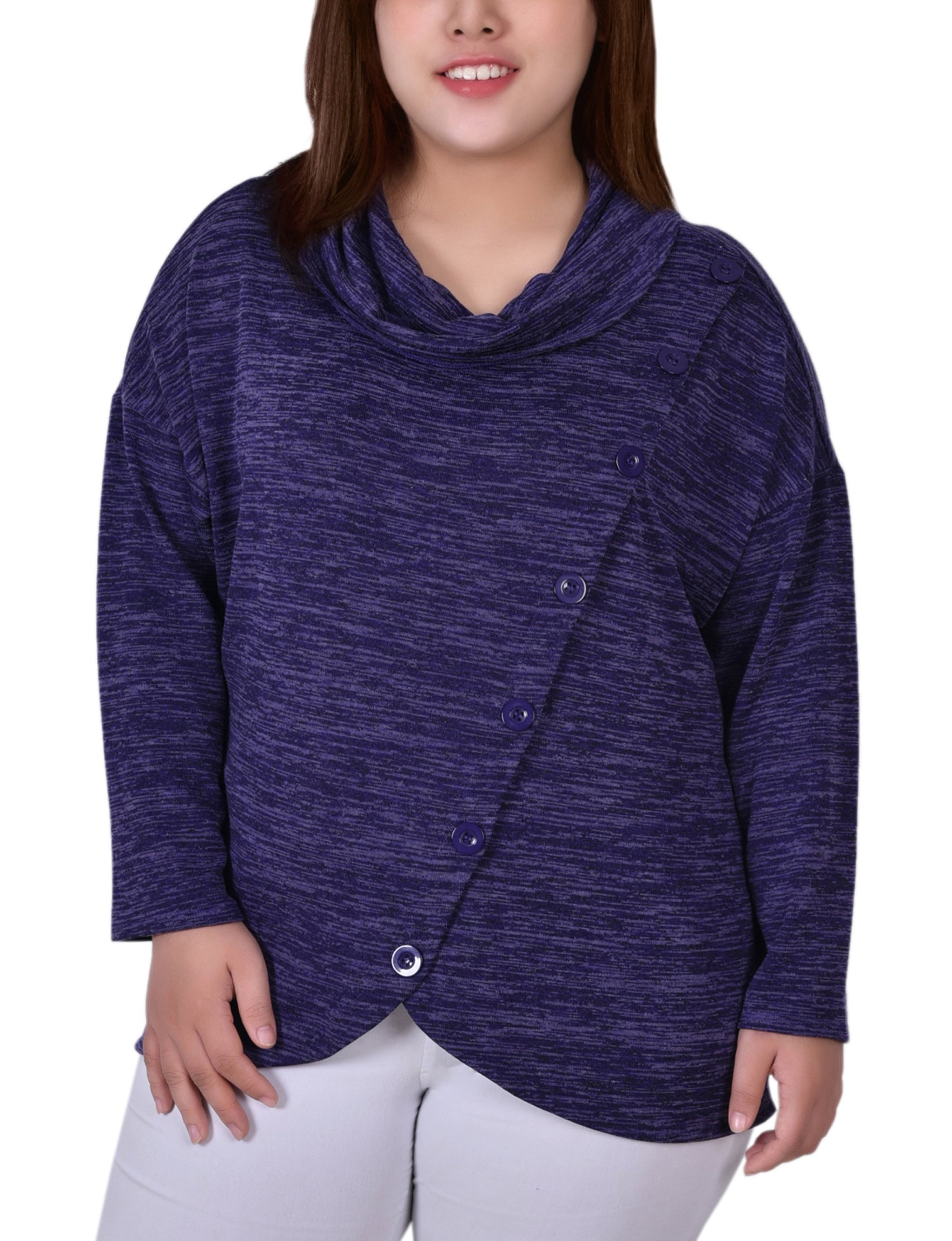  NY Collection Plus Size Long Sleeve Cowl Neck Top With Button Detail - Burgundy - Bonton