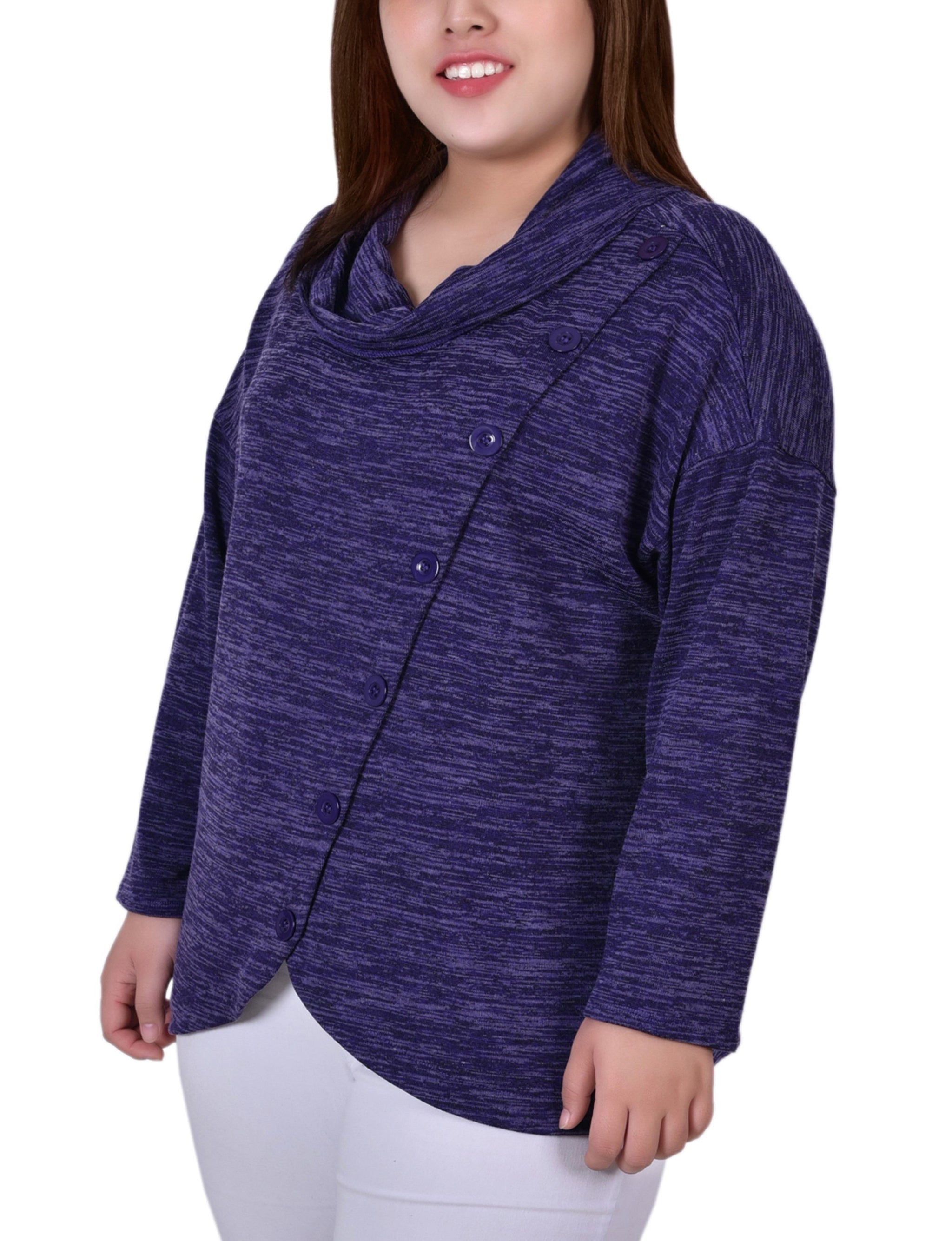  NY Collection Plus Size Long Sleeve Cowl Neck Top With Button Detail - Burgundy - Bonton