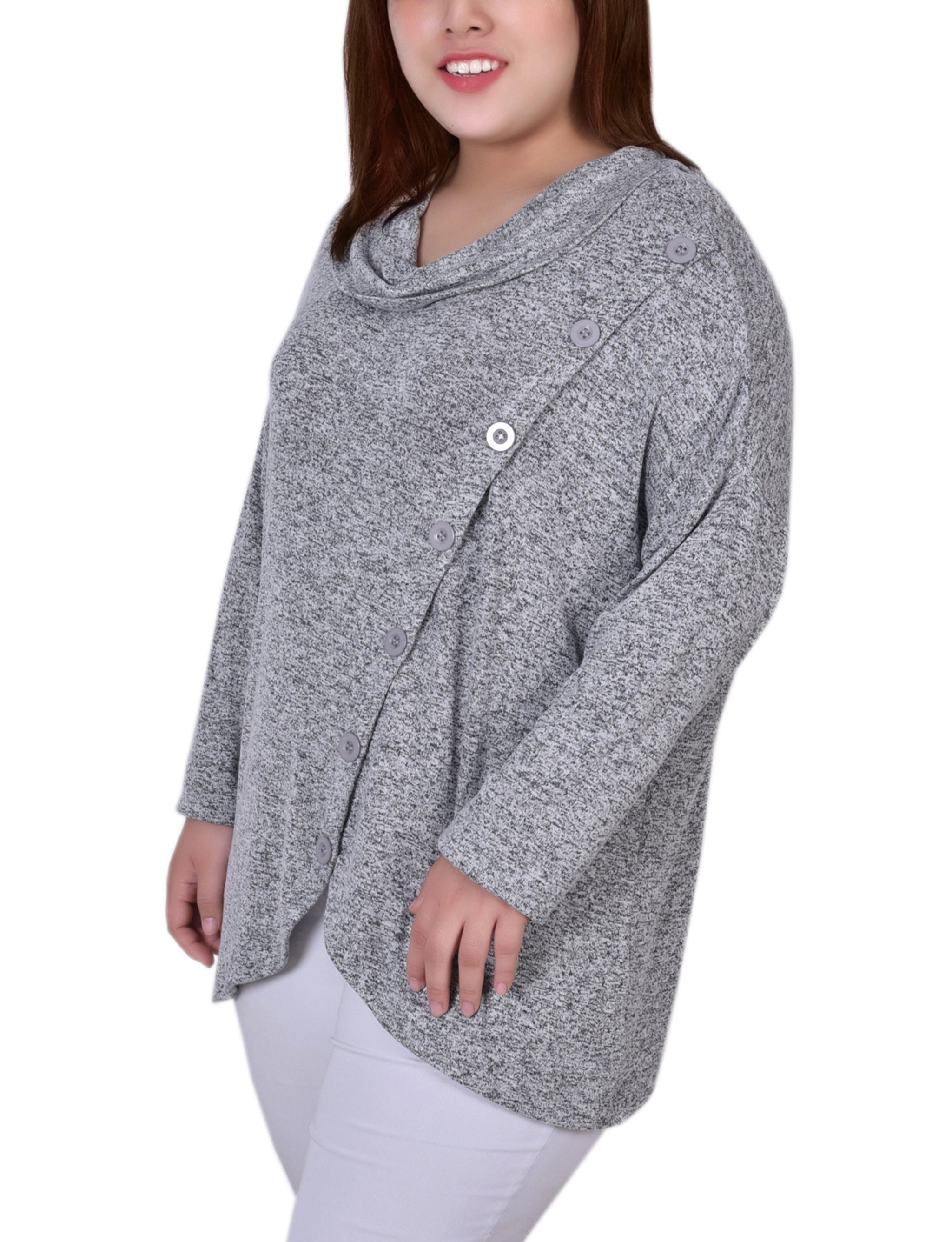  NY Collection Plus Size Long Sleeve Cowl Neck Top With Button Detail - Burgundy - Bonton