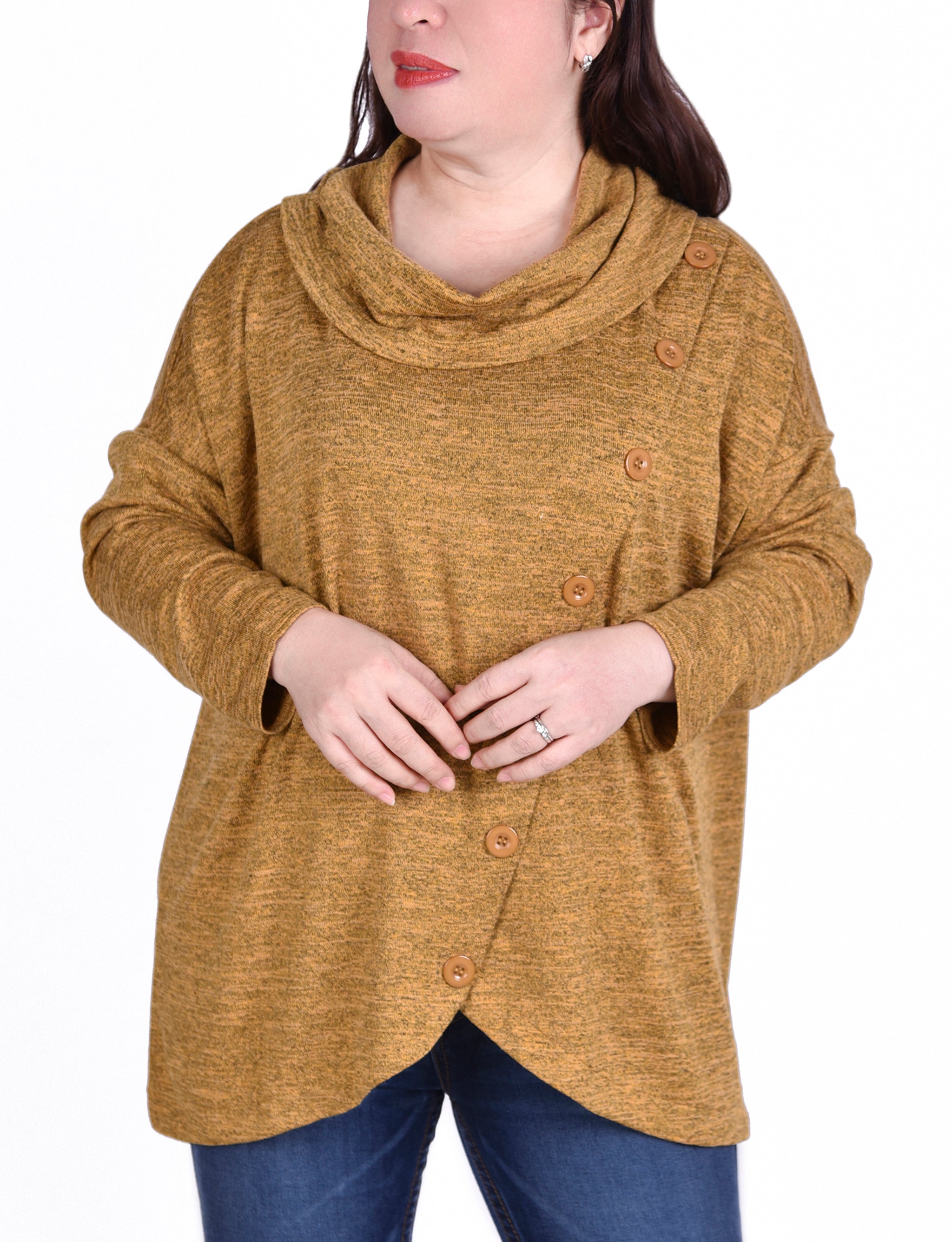  NY Collection Plus Size Long Sleeve Cowl Neck Top With Button Detail - Burgundy - Bonton