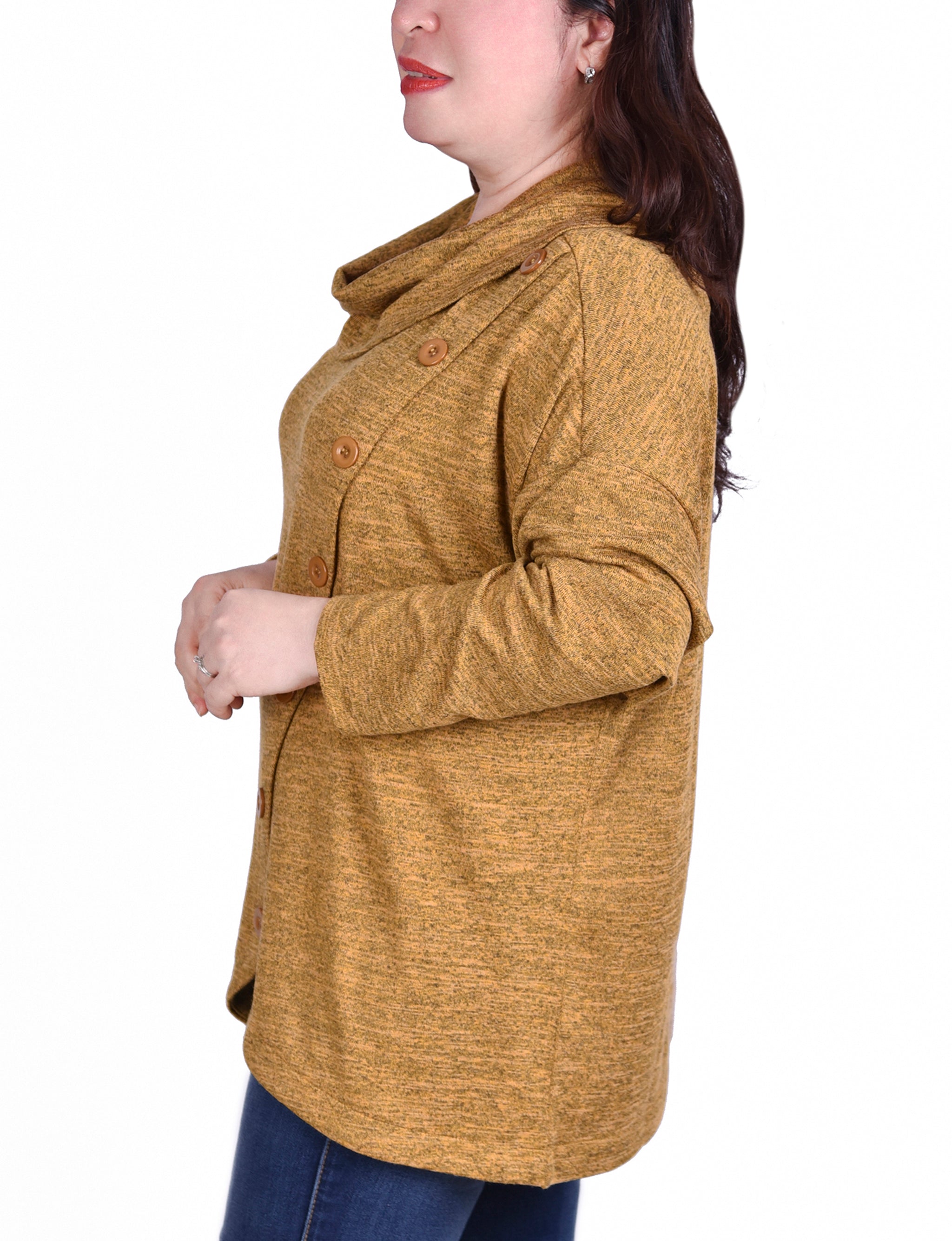  NY Collection Plus Size Long Sleeve Cowl Neck Top With Button Detail - Burgundy - Bonton