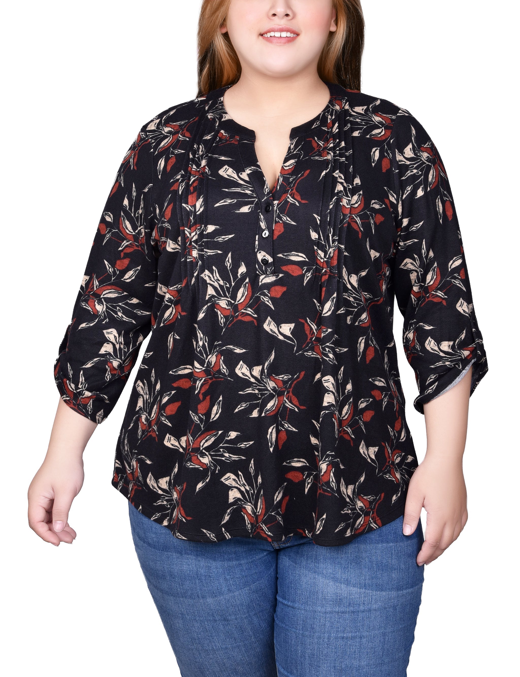  NY Collection Plus Size 3/4 Roll Sleeve Top - Black Grey Animal - Bonton