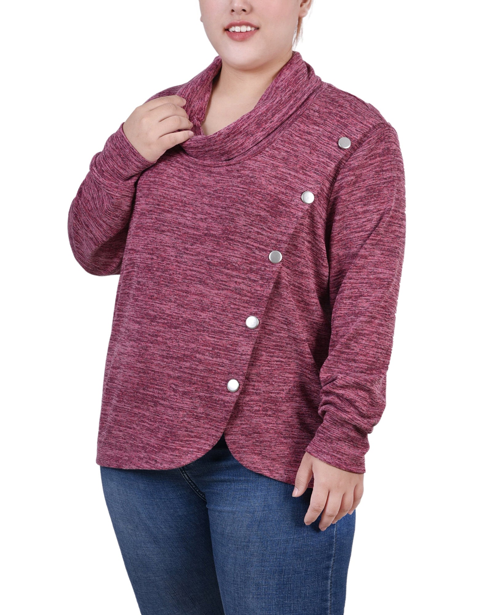 NY Collection Plus Size Long Sleeve Overlapping Cowl Neck Top - Maroon - Bonton