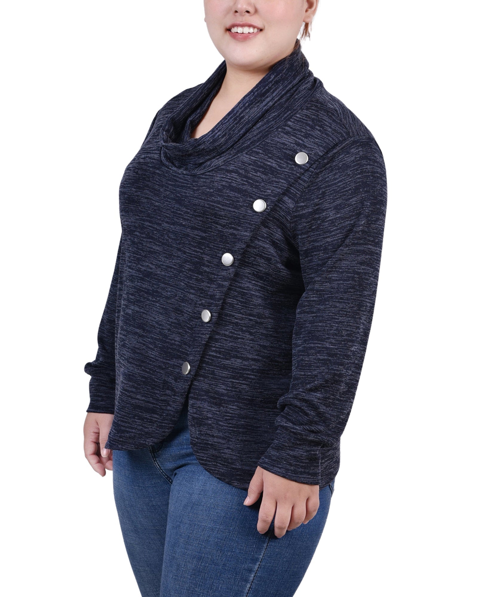  NY Collection Plus Size Long Sleeve Overlapping Cowl Neck Top - Maroon - Bonton