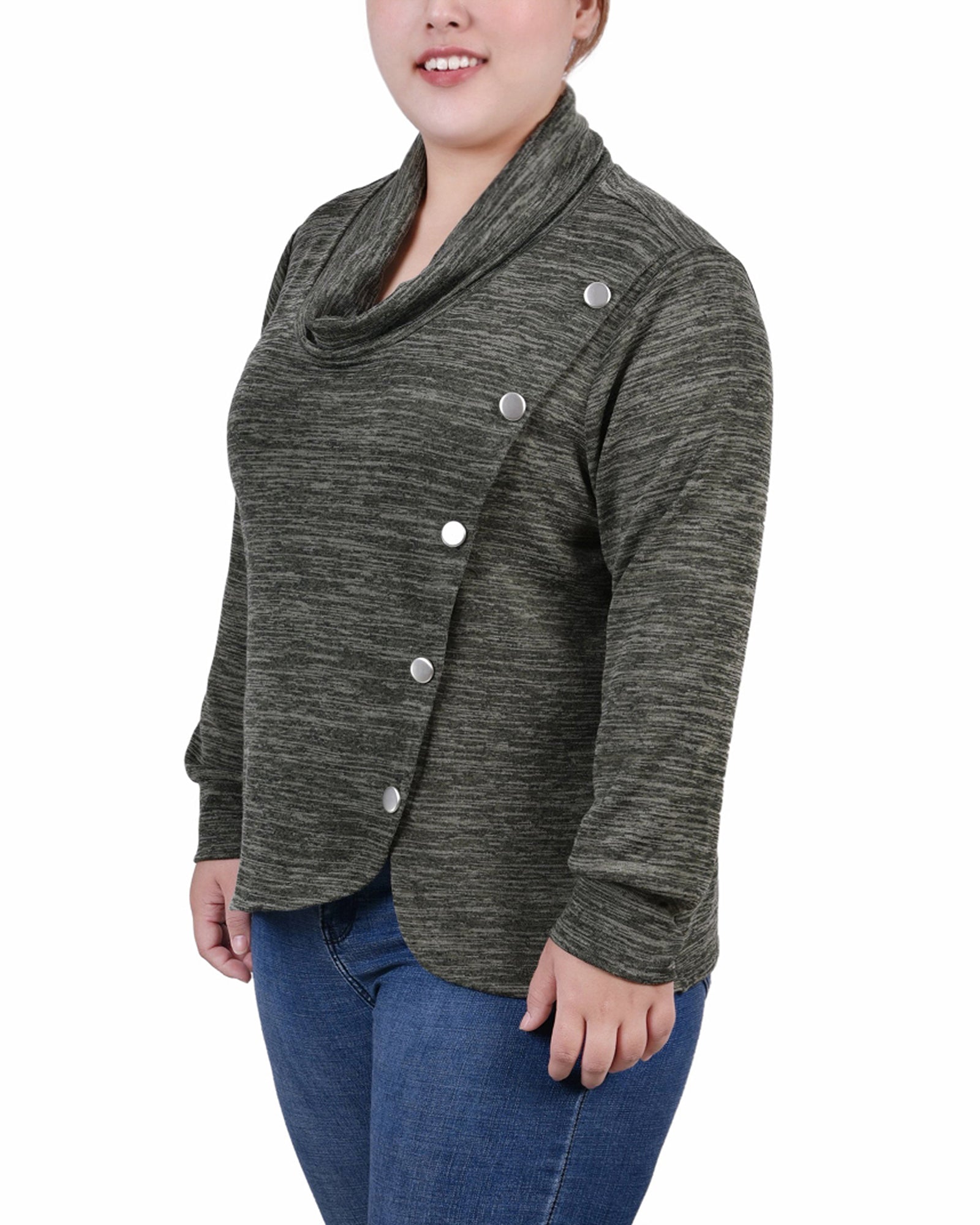  NY Collection Plus Size Long Sleeve Overlapping Cowl Neck Top - Maroon - Bonton