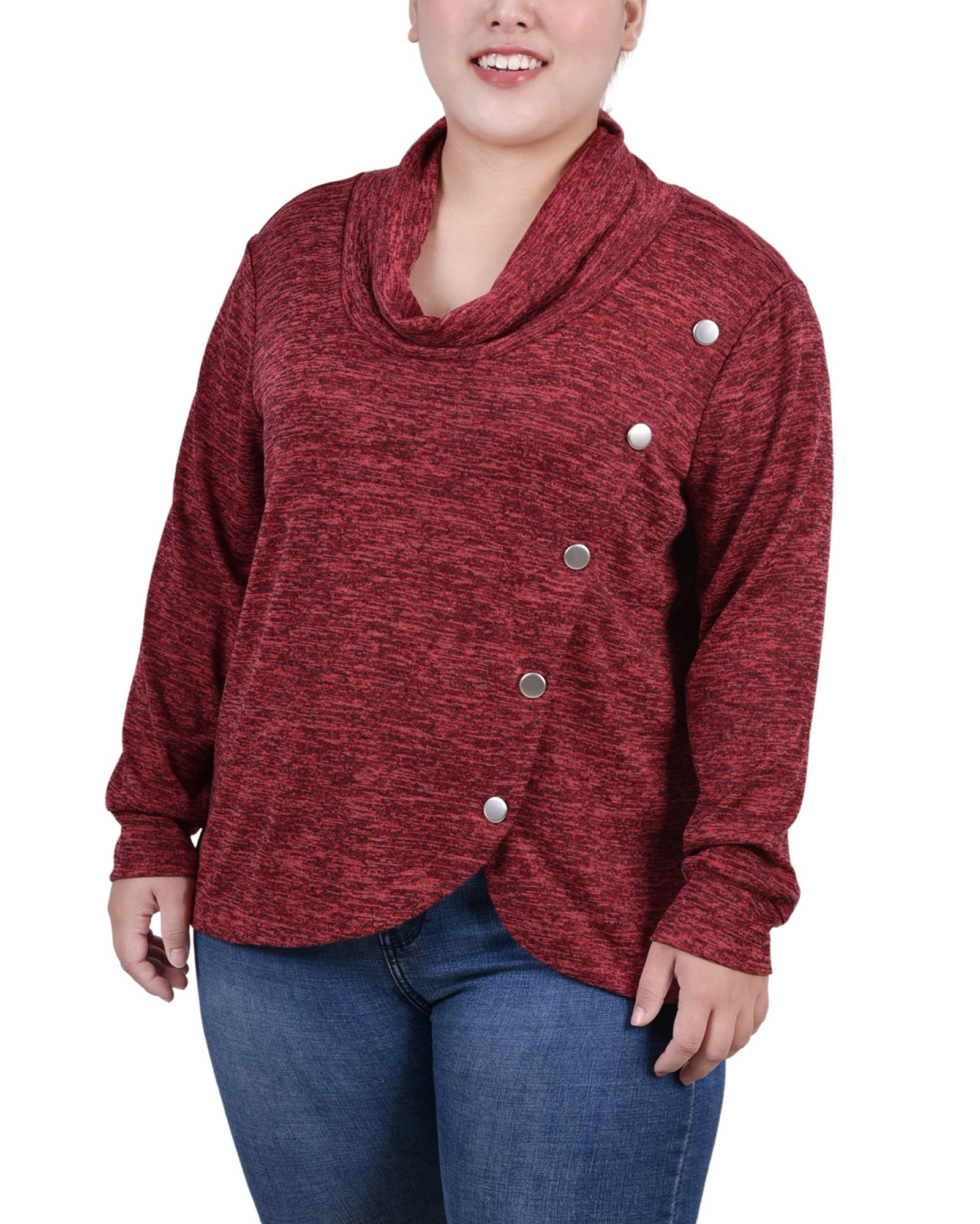  NY Collection Plus Size Long Sleeve Overlapping Cowl Neck Top - Maroon - Bonton