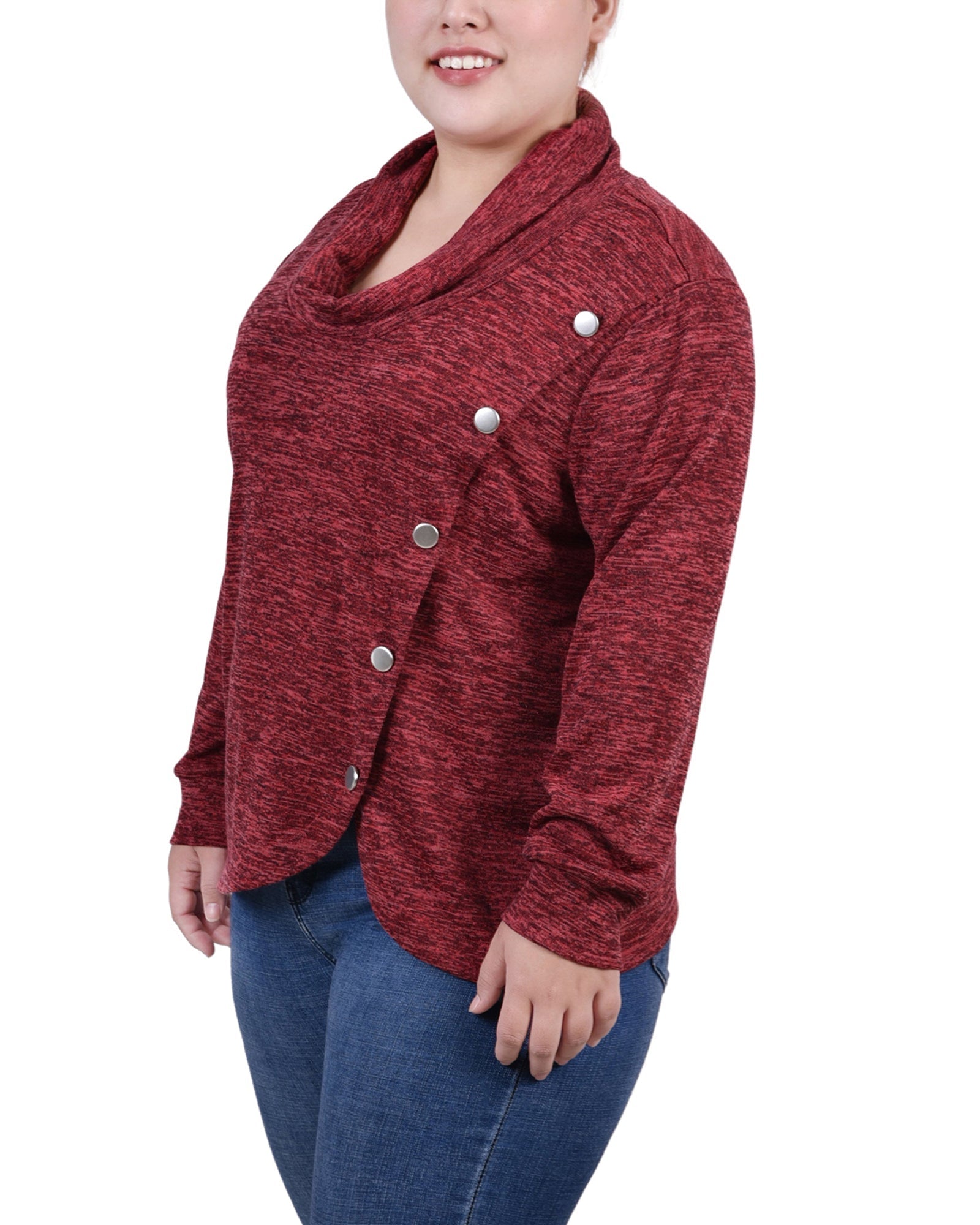  NY Collection Plus Size Long Sleeve Overlapping Cowl Neck Top - Maroon - Bonton
