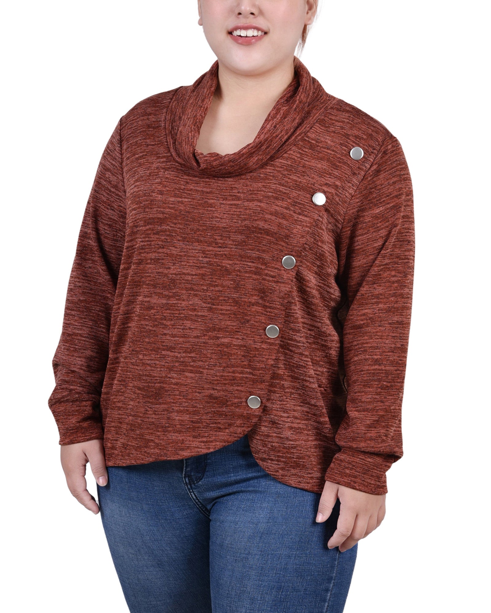  NY Collection Plus Size Long Sleeve Overlapping Cowl Neck Top - Maroon - Bonton