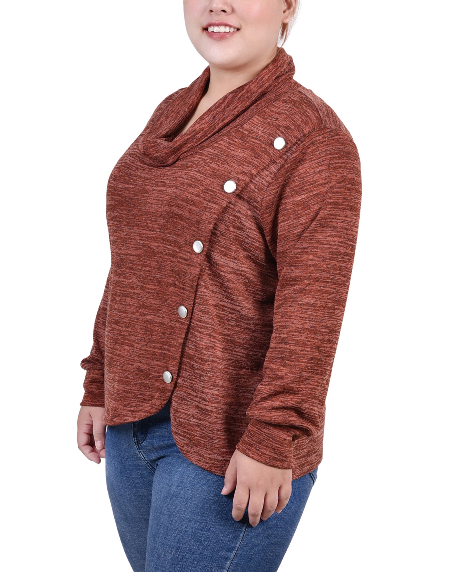  NY Collection Plus Size Long Sleeve Overlapping Cowl Neck Top - Maroon - Bonton