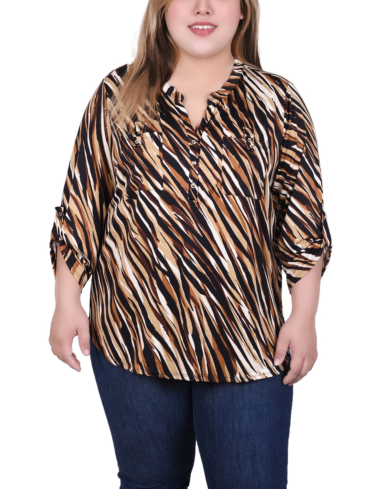 NY Collection Long Tab-Sleeve Top With Pockets - Blk Wht Diagonal Stripe Dot - Bonton
