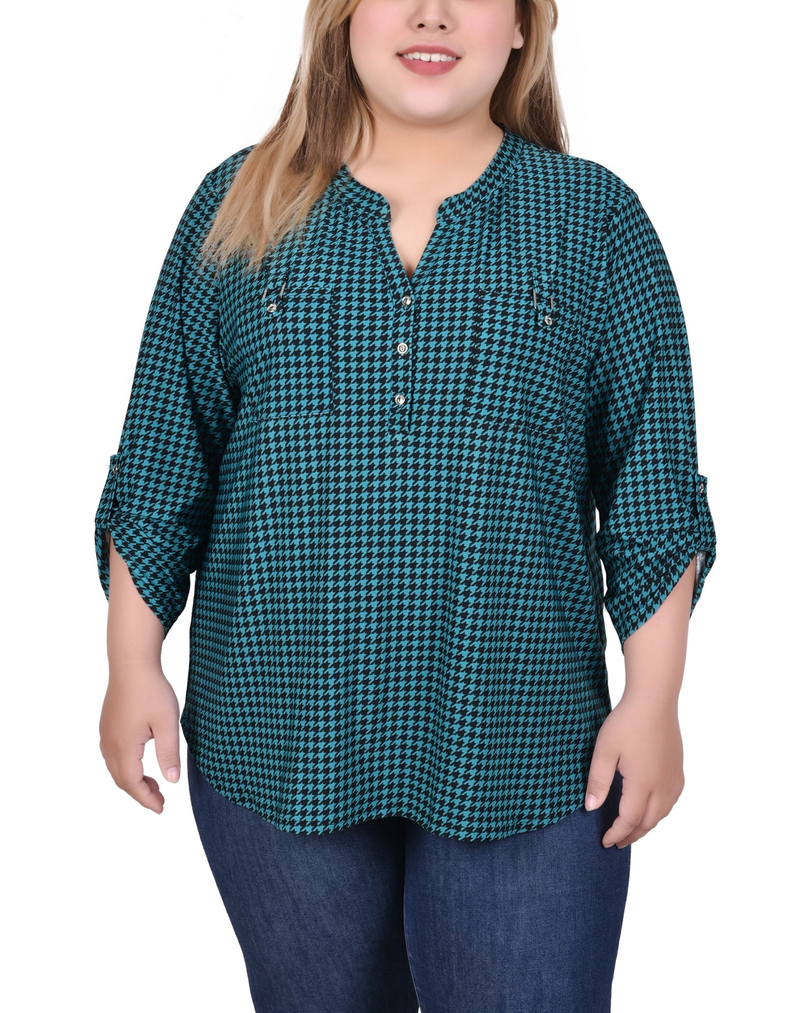 NY Collection Long Tab-Sleeve Top With Pockets - Blk Wht Diagonal Stripe Dot - Bonton