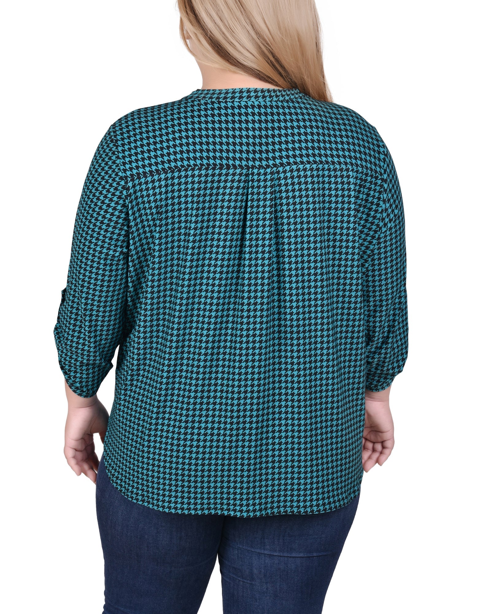  NY Collection Long Tab-Sleeve Top With Pockets - Blk Wht Diagonal Stripe Dot - Bonton